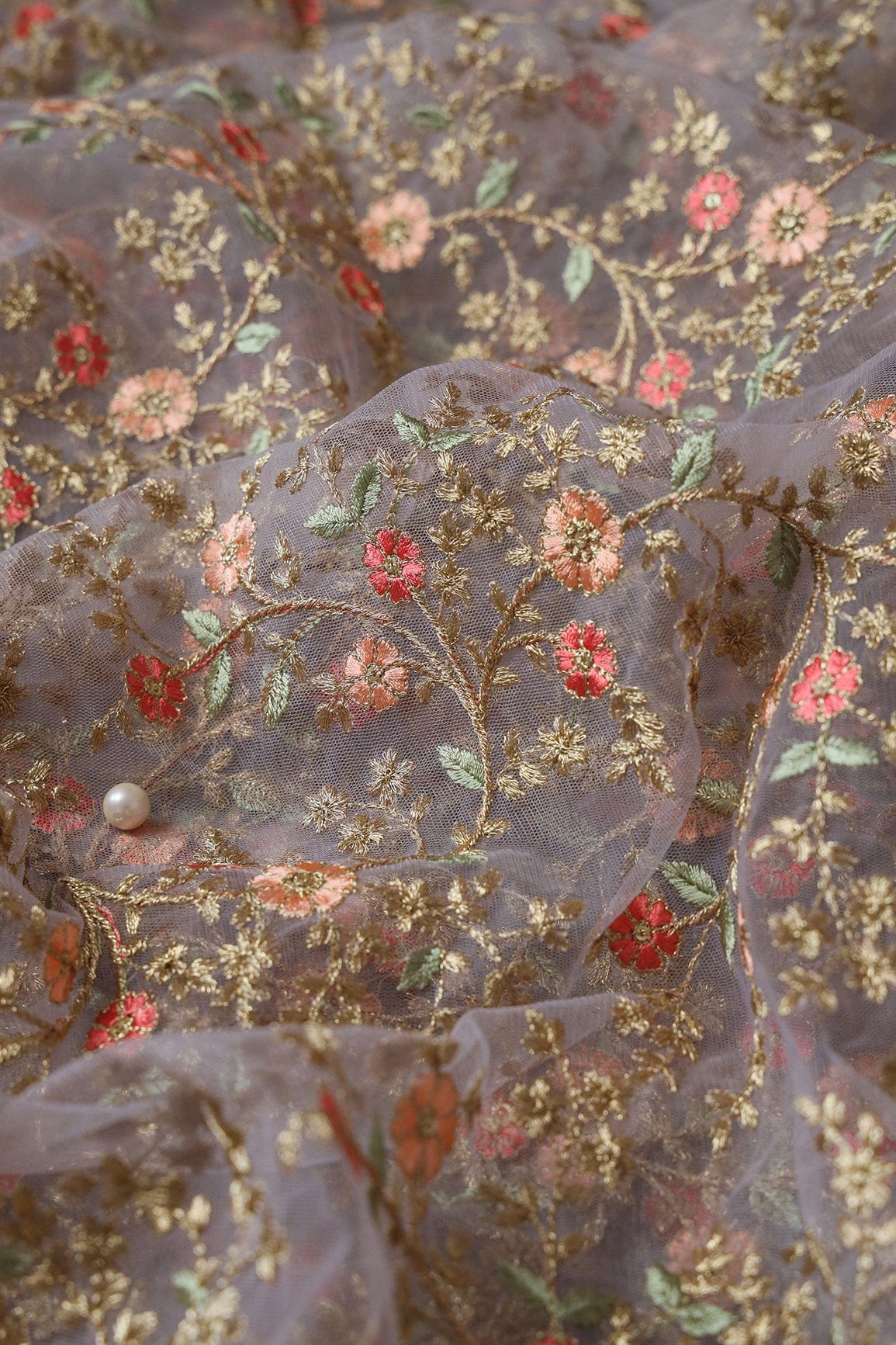 doeraa Embroidery Fabrics Red And Peach Thread With Gold Zari Floral Embroidery Work On Grey Soft Net Fabric