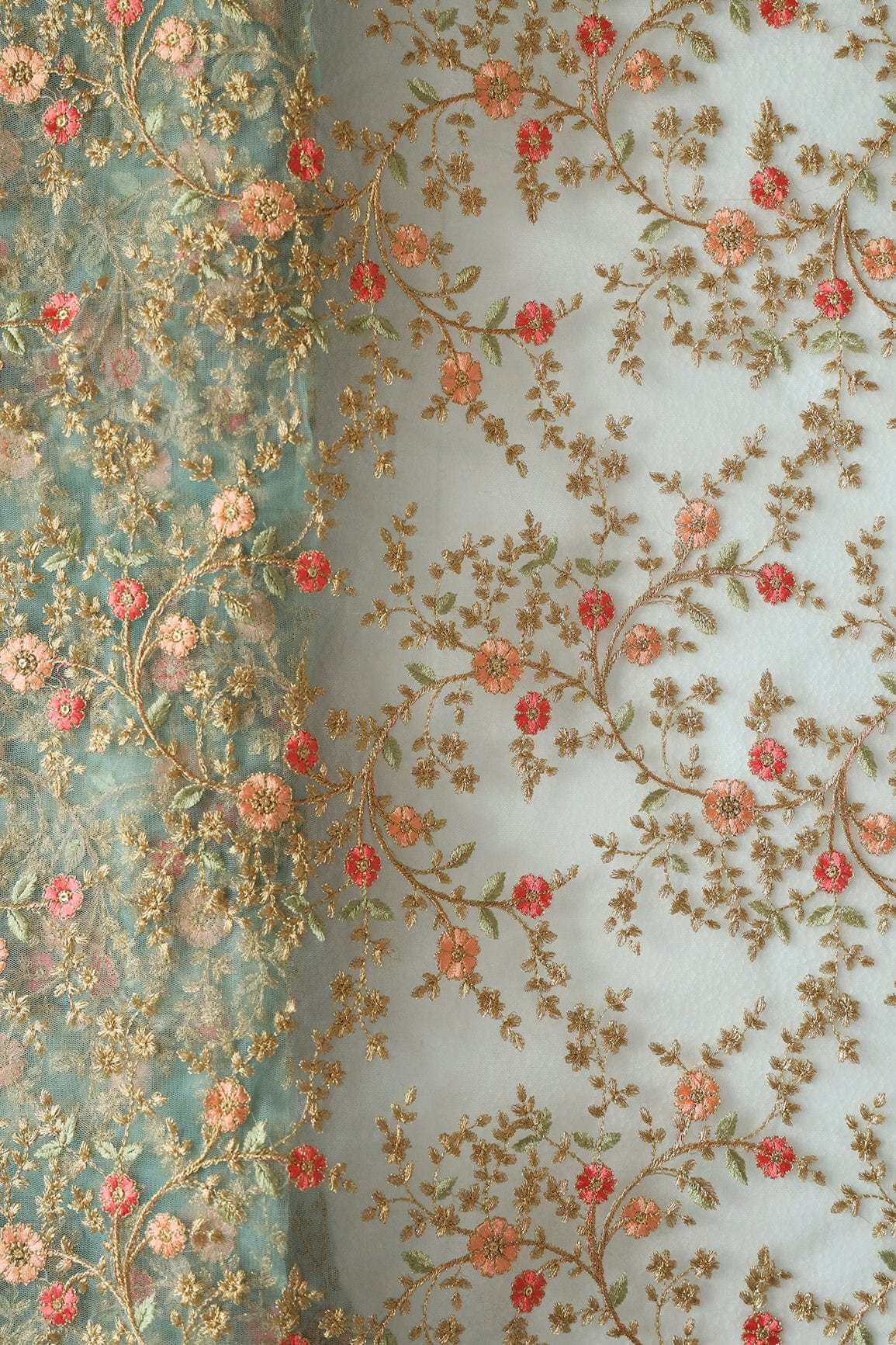doeraa Embroidery Fabrics Red And Peach Thread With Gold Zari Floral Embroidery Work On Light Teal Soft Net Fabric