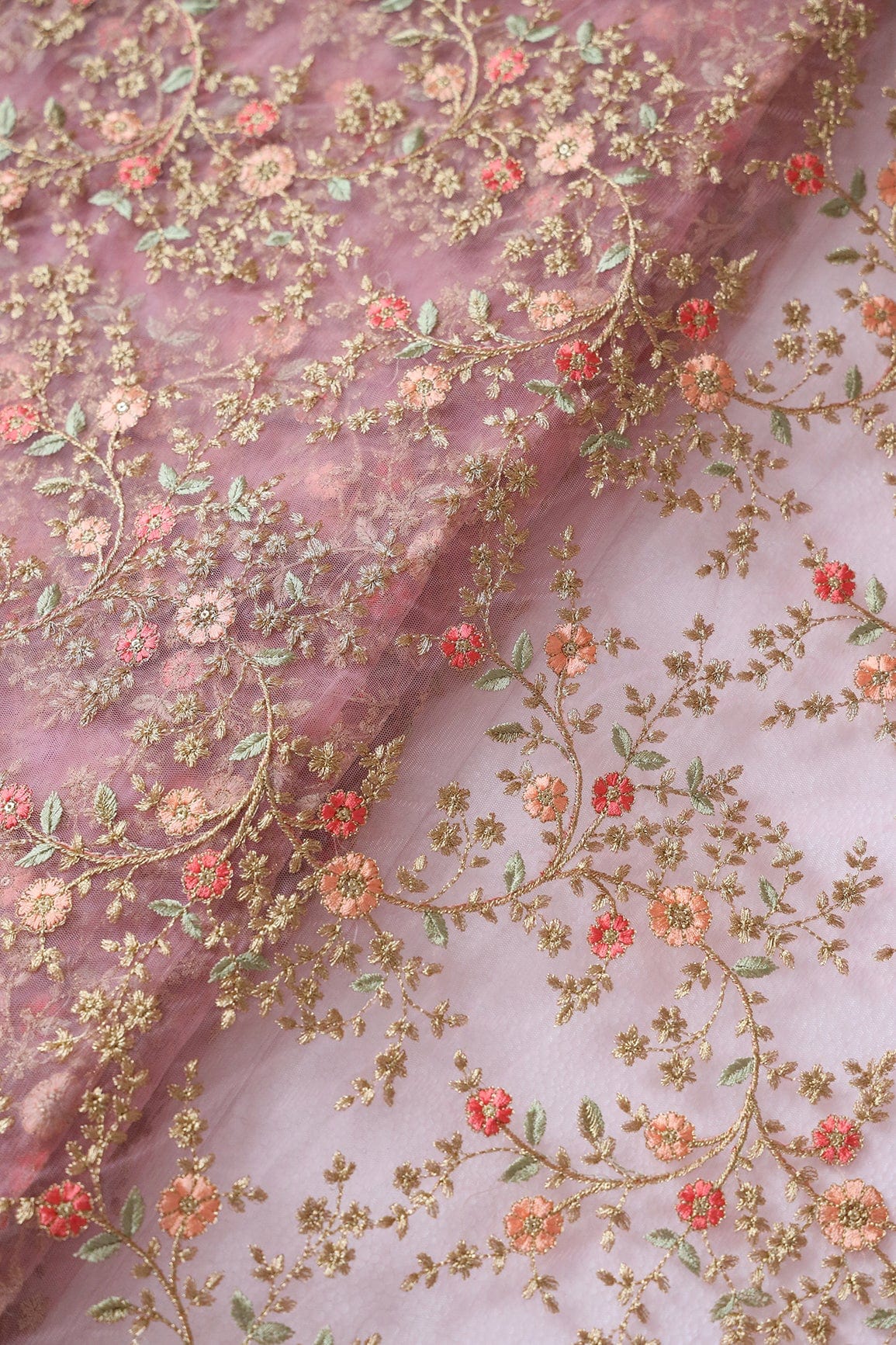 doeraa Embroidery Fabrics Red And Peach Thread With Gold Zari Floral Embroidery Work On Pink Soft Net Fabric