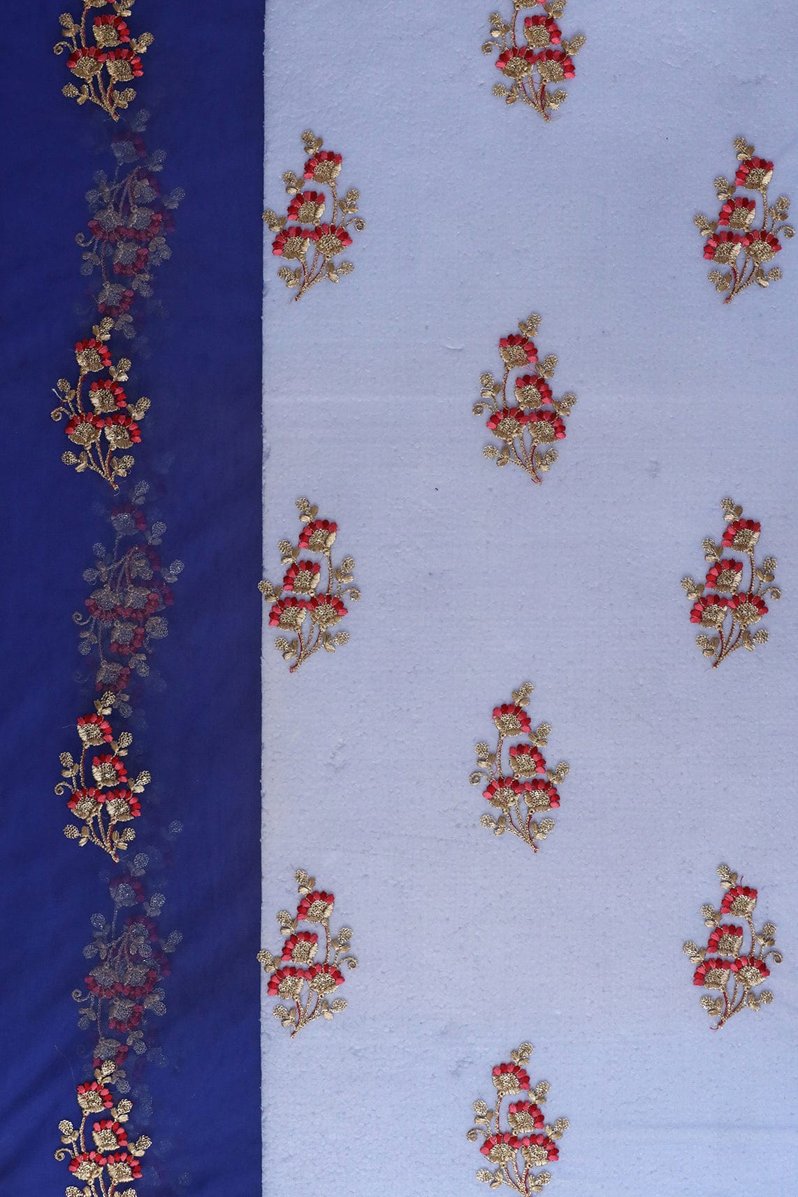 doeraa Embroidery Fabrics Red And Pink Thread Gold Zari With Sequins Floral Embroidery Work On Royal Blue Soft Net Fabric