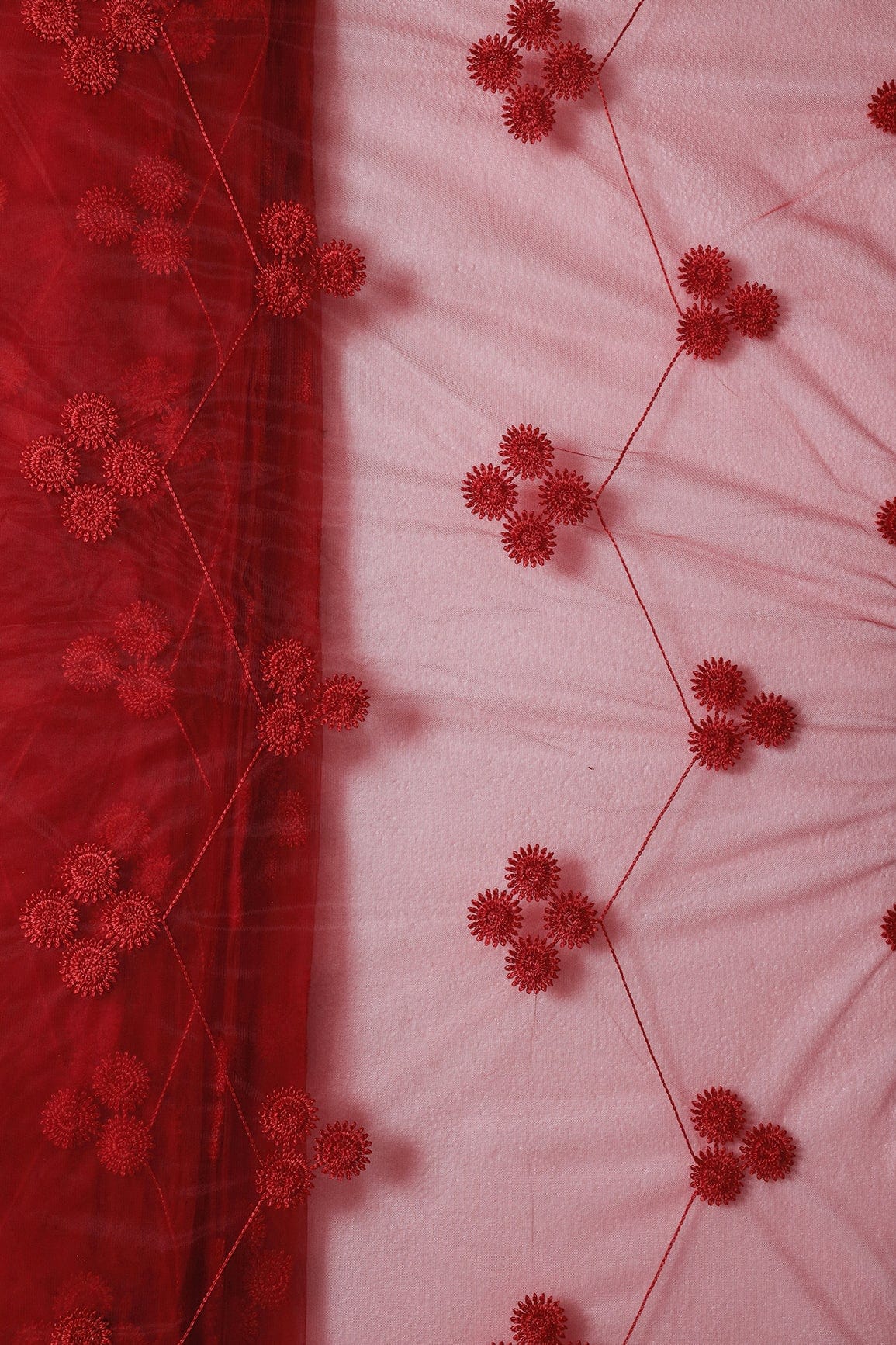 doeraa Embroidery Fabrics Red Color Thread Geometric Embroidery Work On Red Soft Net Fabric