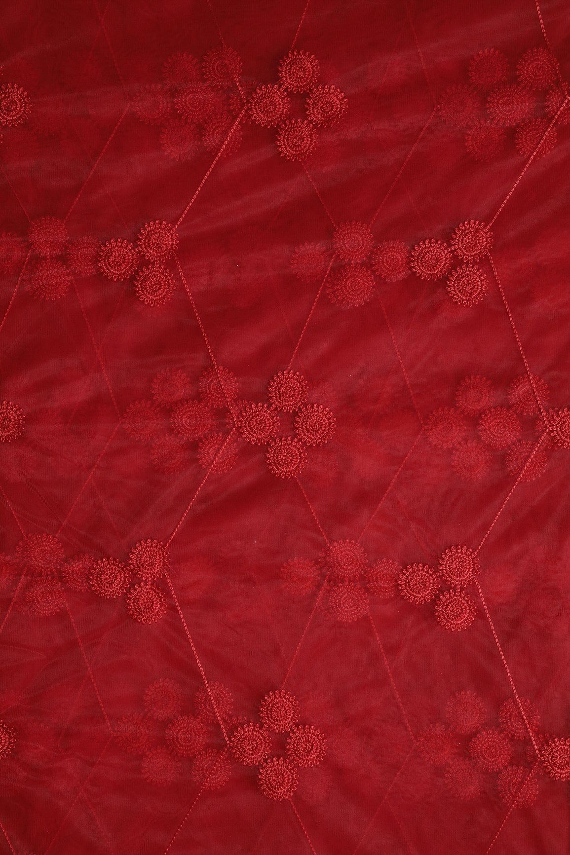 doeraa Embroidery Fabrics Red Color Thread Geometric Embroidery Work On Red Soft Net Fabric