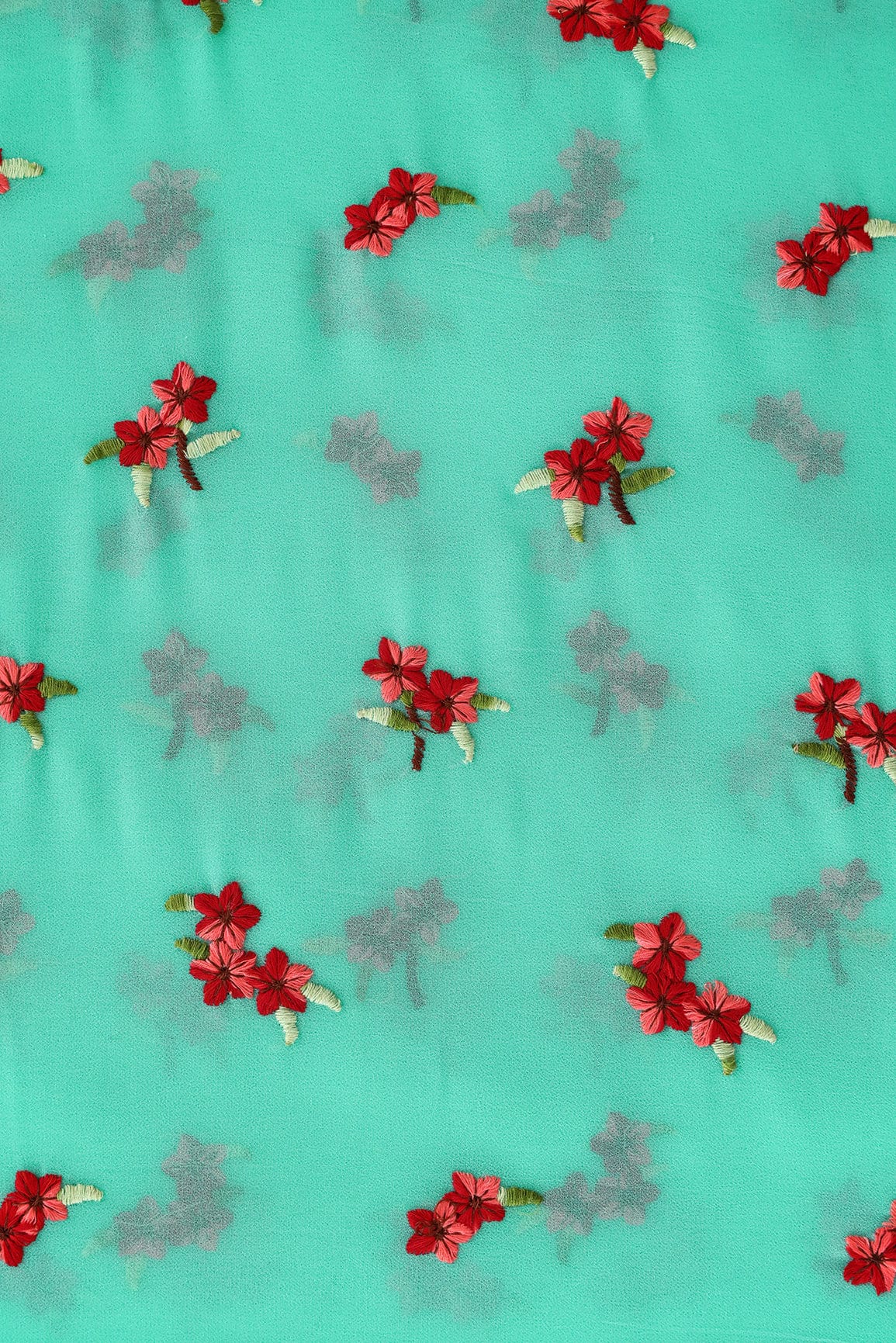 doeraa Embroidery Fabrics Red Floral Thread Embroidery On Sea Green Georgette Fabric