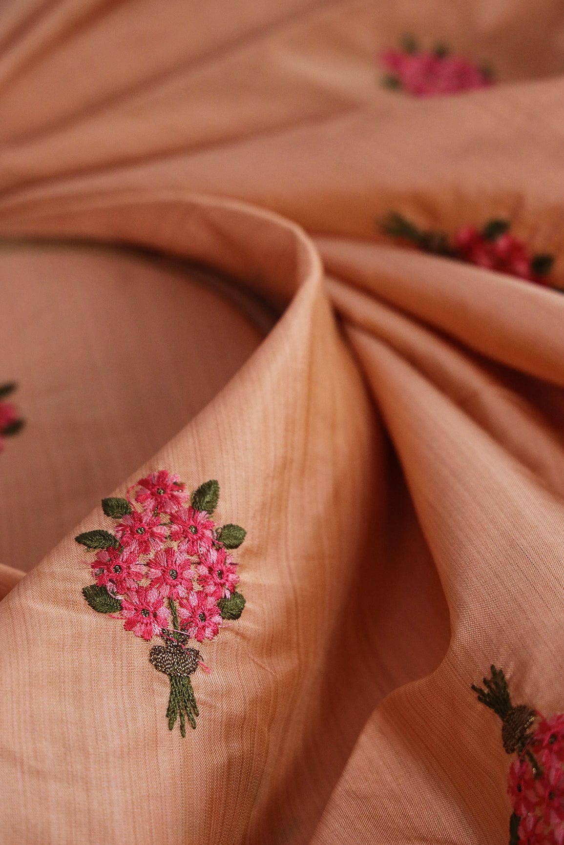 doeraa Embroidery Fabrics Red Floral Zari Embroidery On Orange Bamboo Silk Fabric