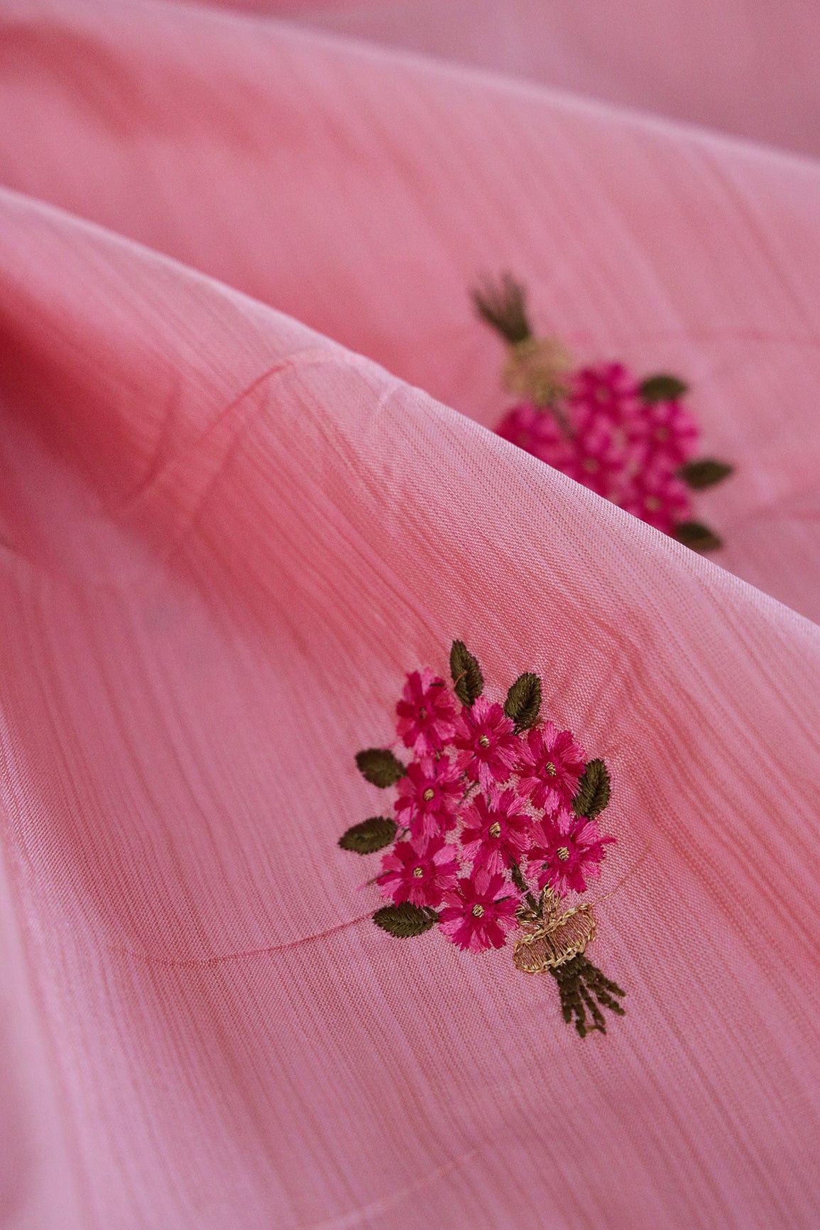 doeraa Embroidery Fabrics Red Floral Zari Embroidery On Pink Bamboo Silk Fabric