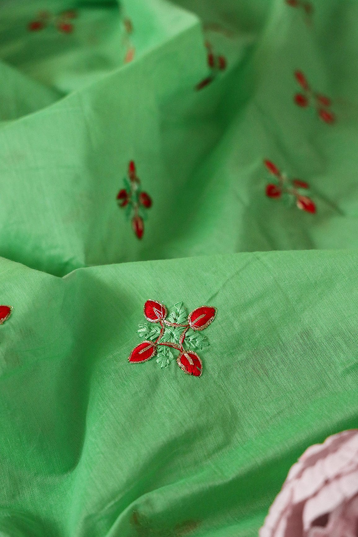 doeraa Embroidery Fabrics Red Leafy Zari Embroidery on Green Chanderi Fabric