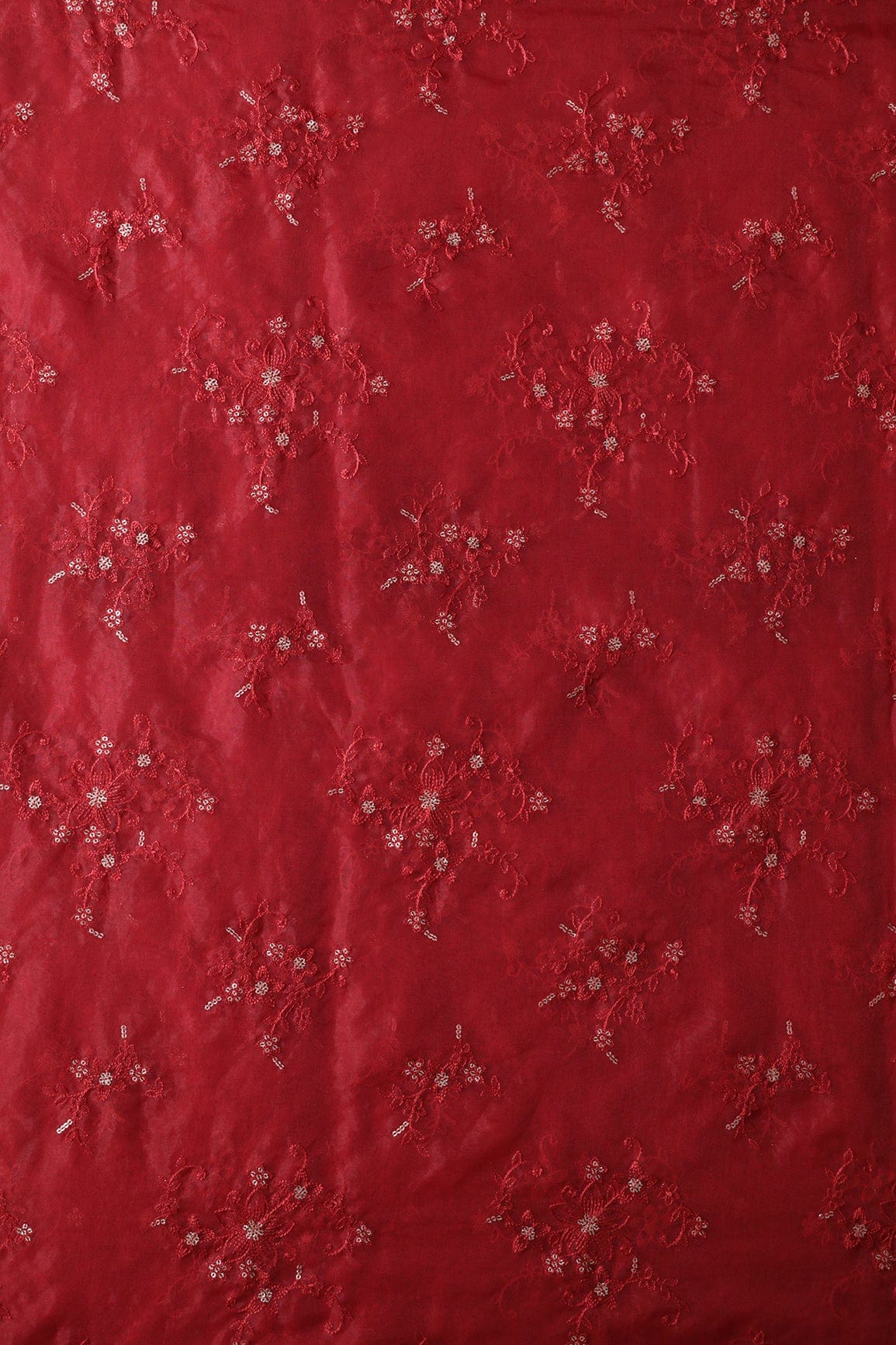 doeraa Embroidery Fabrics Red Thread With Gold Sequins Embroidery Work On Red Organza Fabric