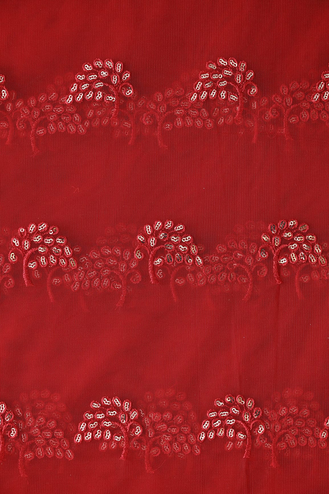 doeraa Embroidery Fabrics Red Thread With Gold Sequins Leafy Embroidery Work On Red Soft Net Fabric