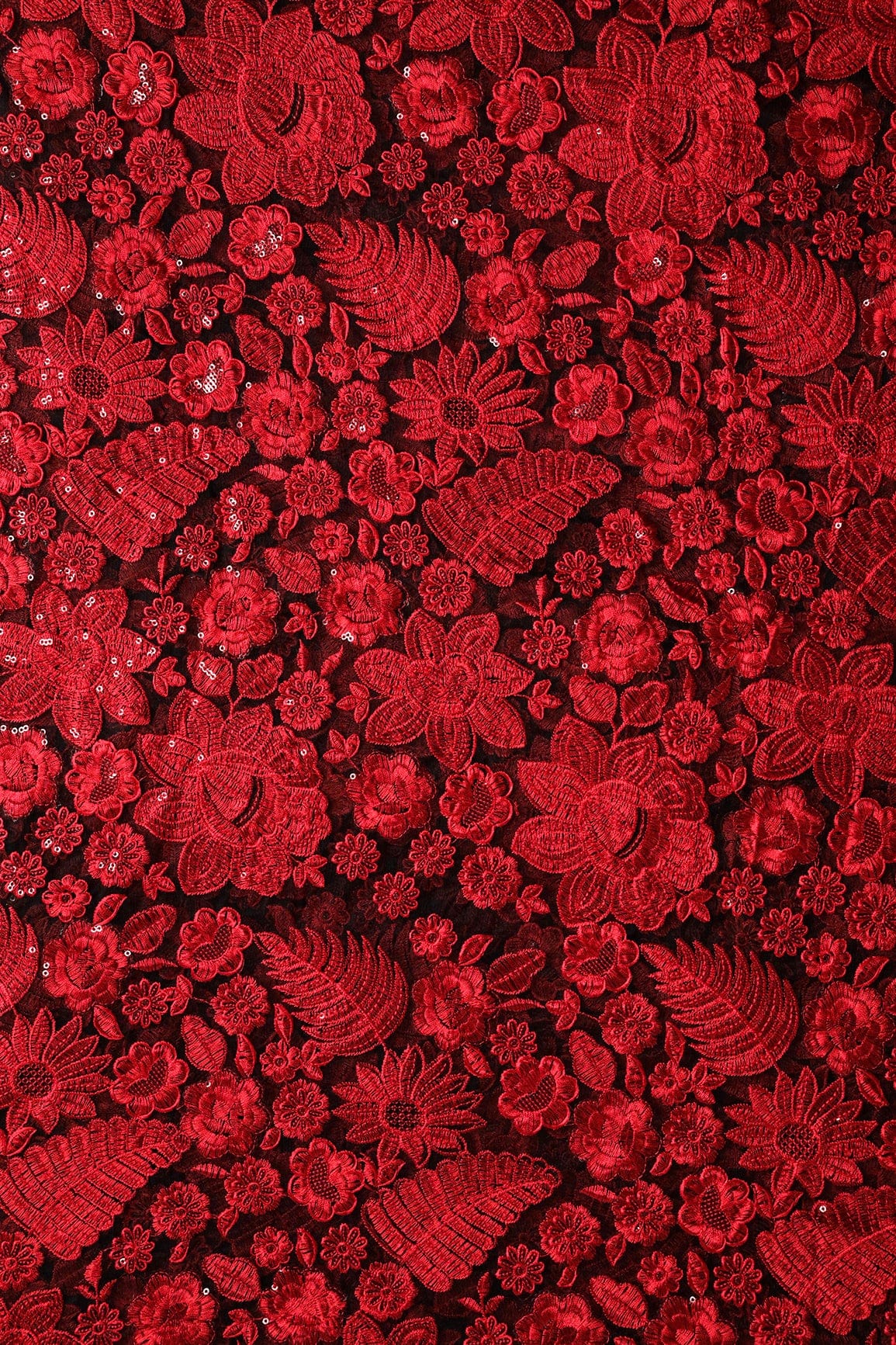 doeraa Embroidery Fabrics Red Thread With Sequins Heavy Floral Embroidery On Black Soft Net Fabric