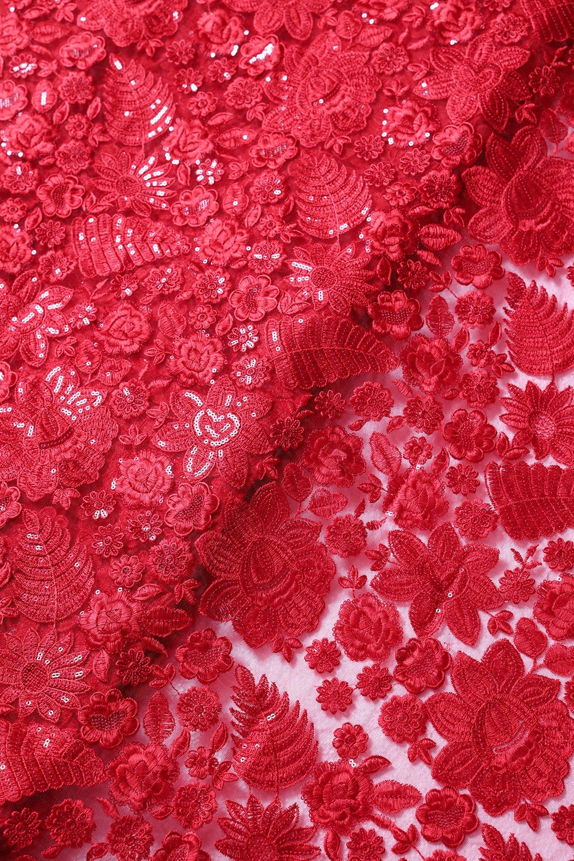 doeraa Embroidery Fabrics Red Thread With Sequins Heavy Floral Embroidery On Red Soft Net Fabric