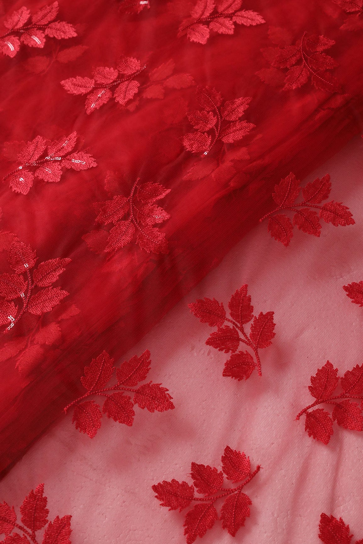 doeraa Embroidery Fabrics Red Thread With Sequins Leafy Embroidery Work On Red Soft Net Fabric