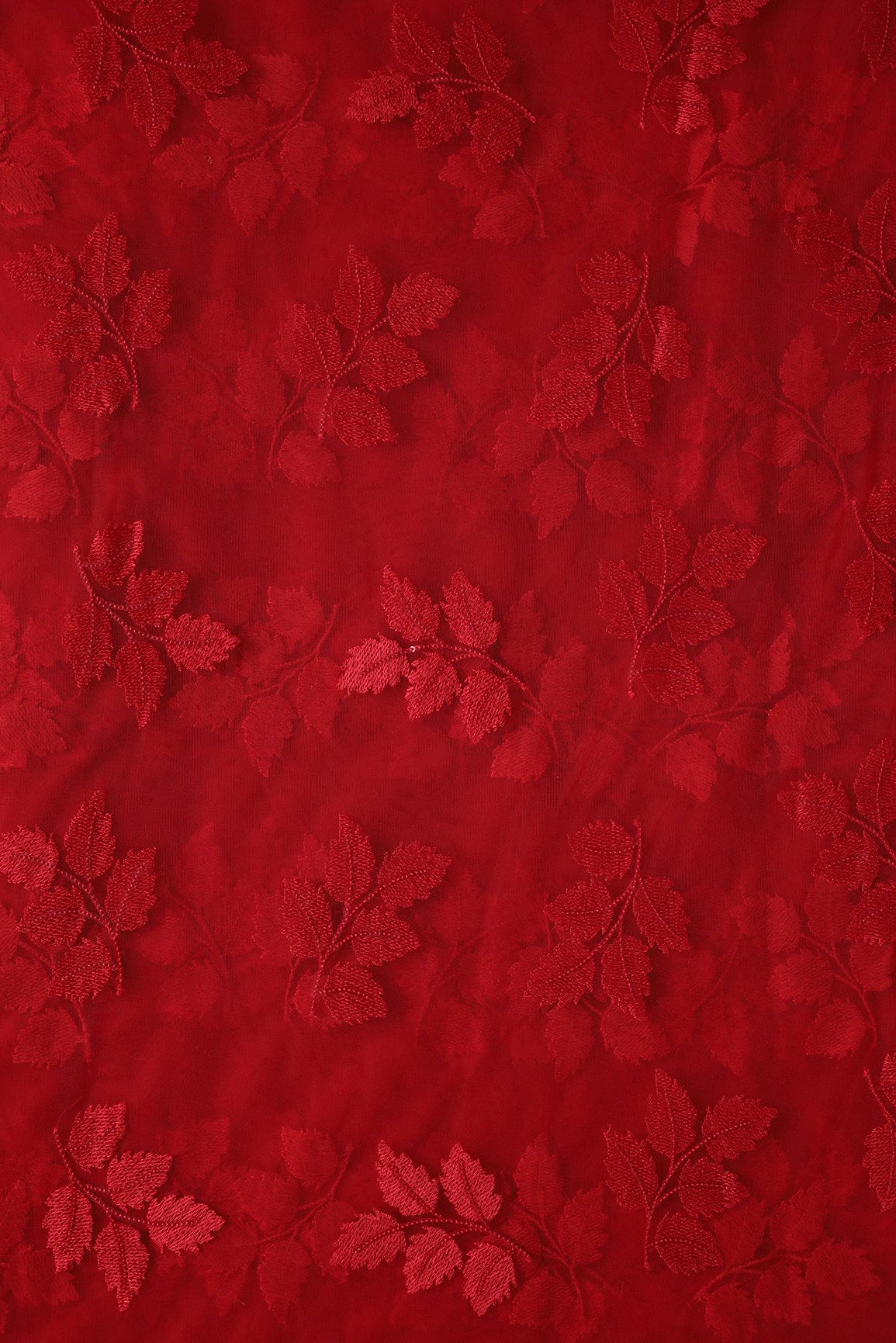 doeraa Embroidery Fabrics Red Thread With Sequins Leafy Embroidery Work On Red Soft Net Fabric