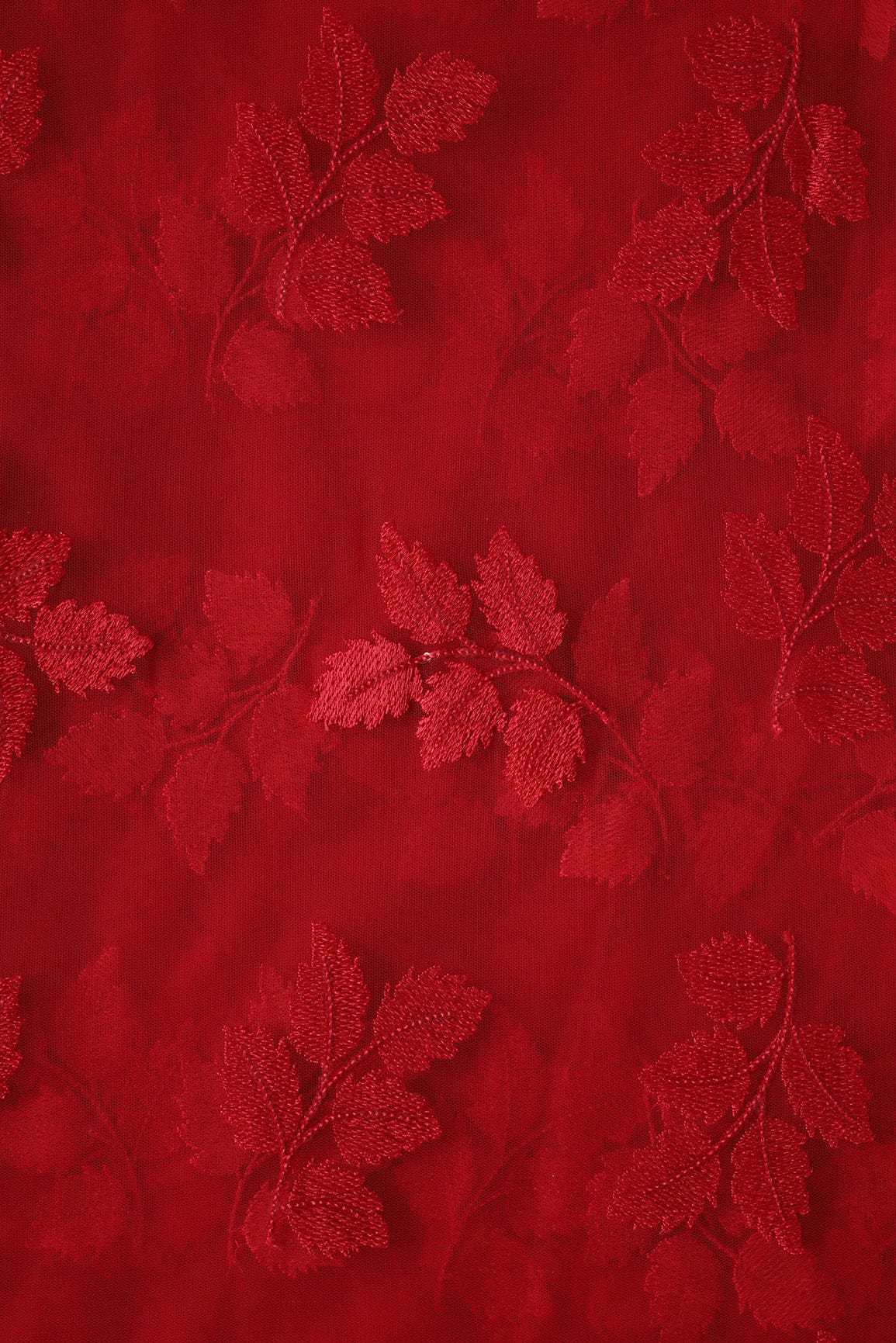 doeraa Embroidery Fabrics Red Thread With Sequins Leafy Embroidery Work On Red Soft Net Fabric