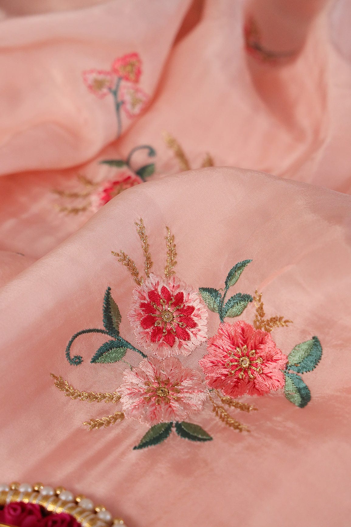 doeraa Embroidery Fabrics Sequins and Zari with Multi Colour Floral Embroidery On Baby Pink Uppada Silk Fabric