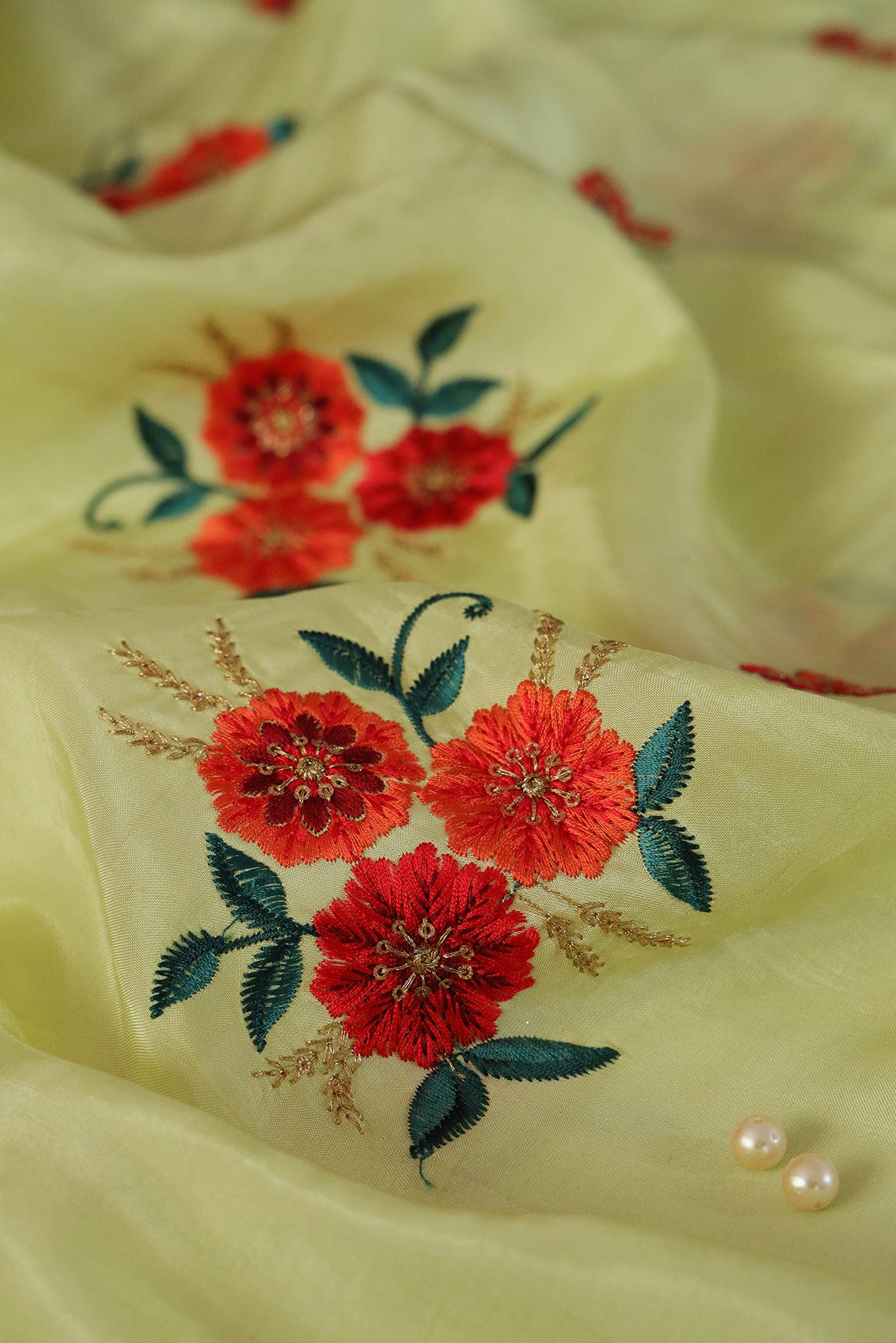 doeraa Embroidery Fabrics Sequins and Zari with Multi Colour Floral Embroidery On Light Lemon Uppada Silk Fabric