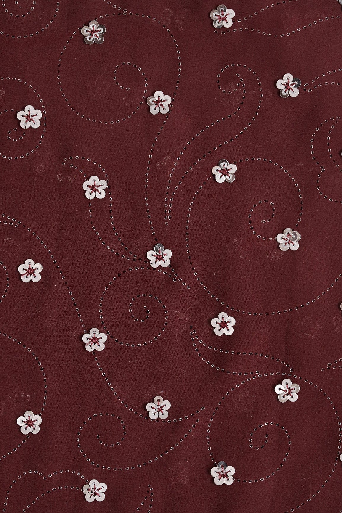 doeraa Embroidery Fabrics Silver Sequins Floral Embroidery With Laser Cut Foil Print On Maroon Georgette Fabric