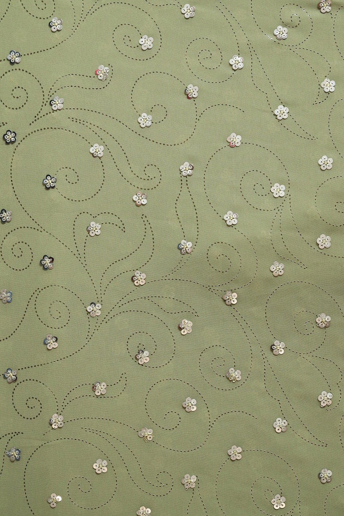 doeraa Embroidery Fabrics Silver Sequins Floral Embroidery With Laser Cut Foil Print On Olive Georgette Fabric