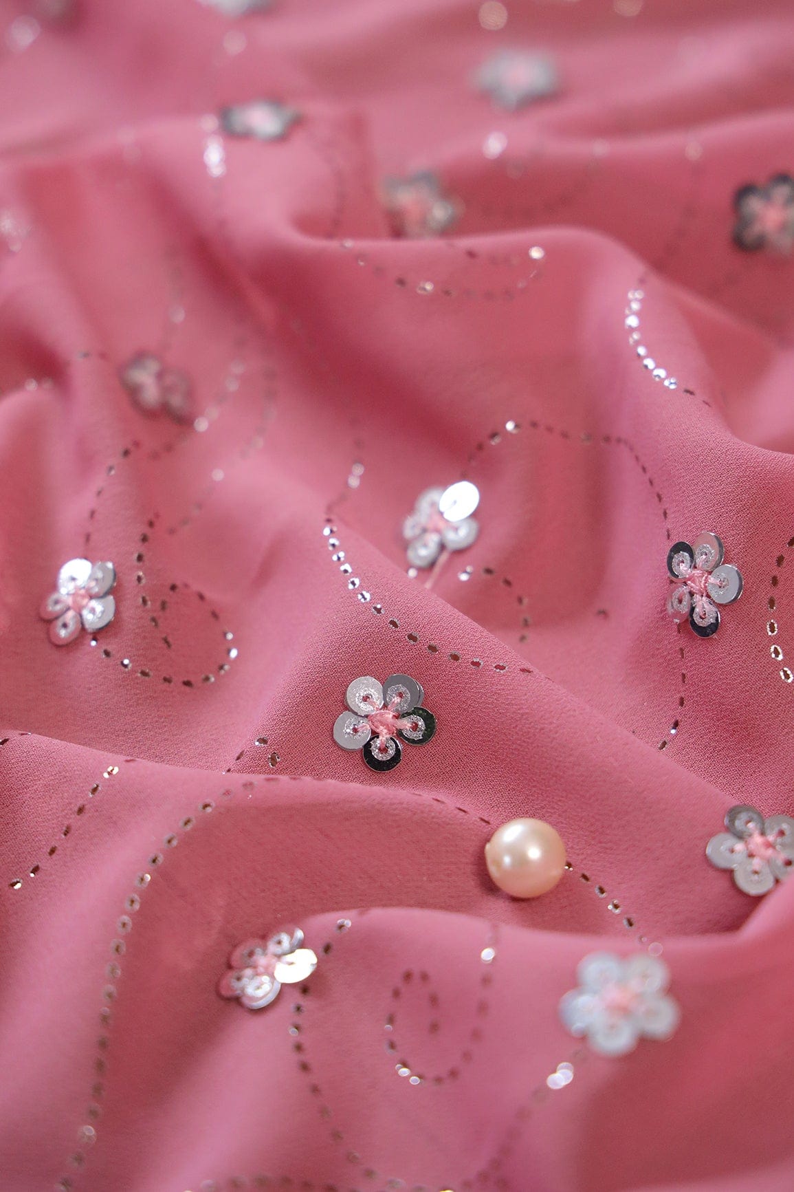 doeraa Embroidery Fabrics Silver Sequins Floral Embroidery With Laser Cut Foil Print On Pink Georgette Fabric