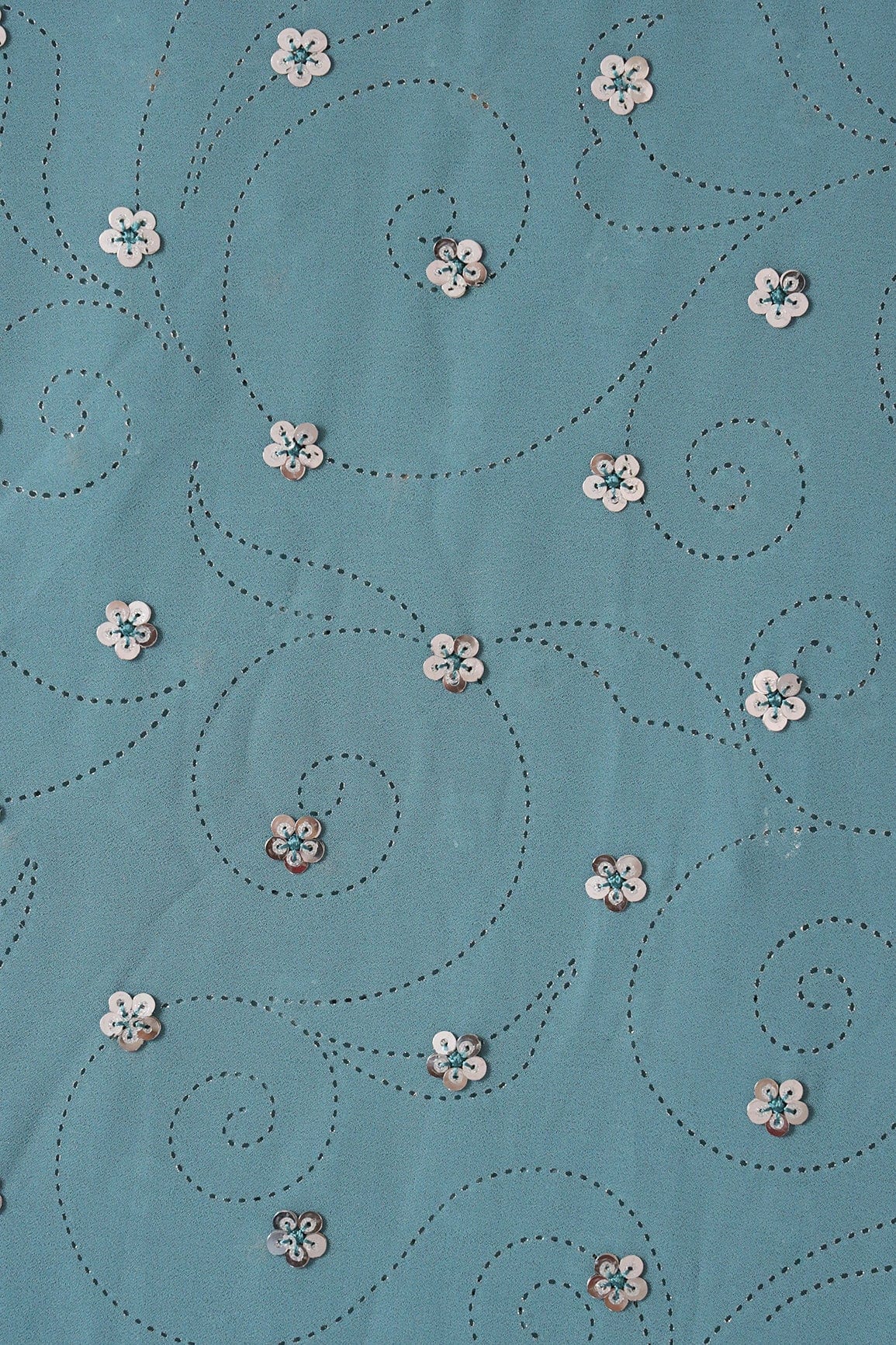 doeraa Embroidery Fabrics Silver Sequins Floral Embroidery With Laser Cut Foil Print On Powder Blue Georgette Fabric