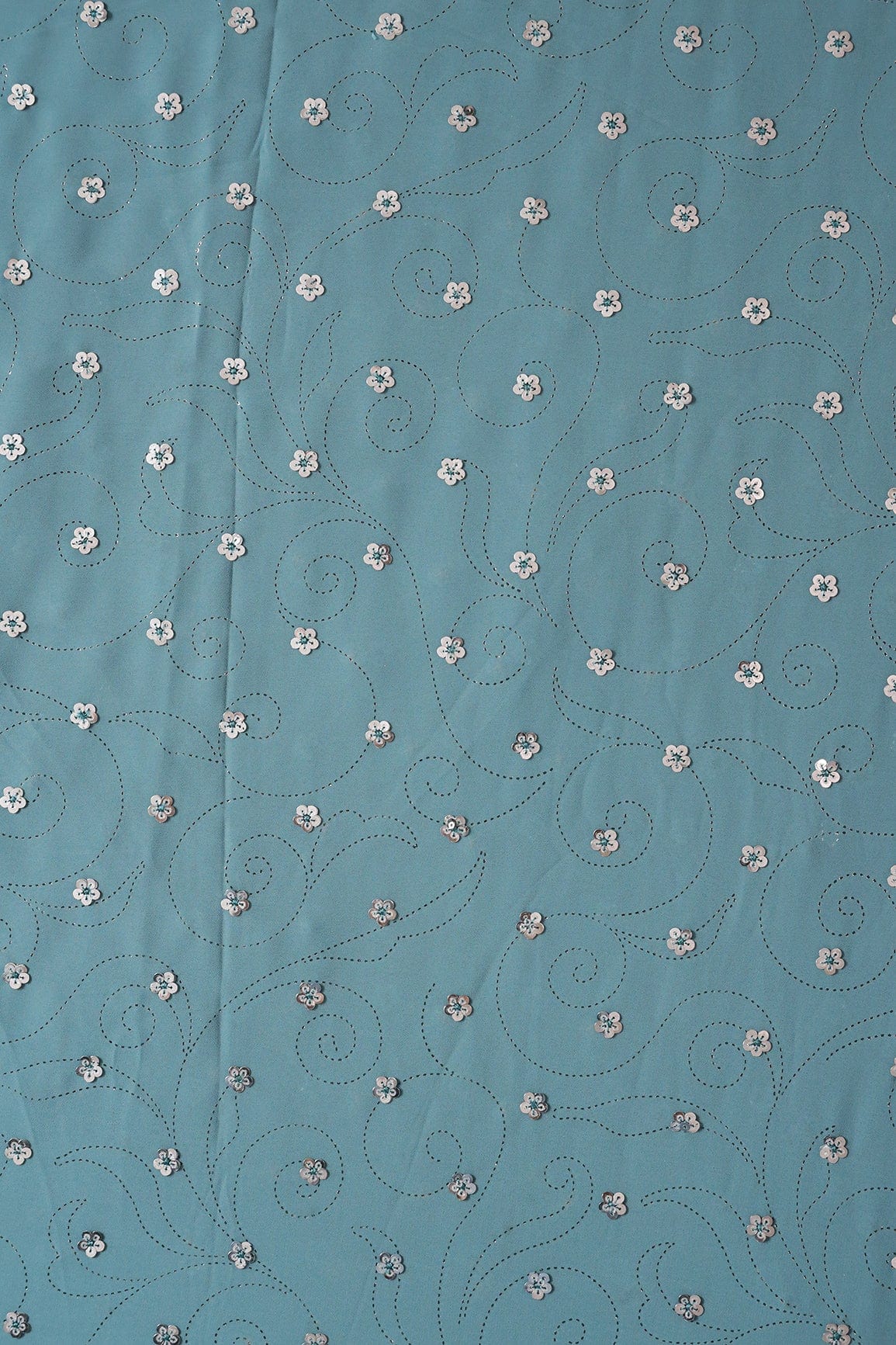 doeraa Embroidery Fabrics Silver Sequins Floral Embroidery With Laser Cut Foil Print On Powder Blue Georgette Fabric
