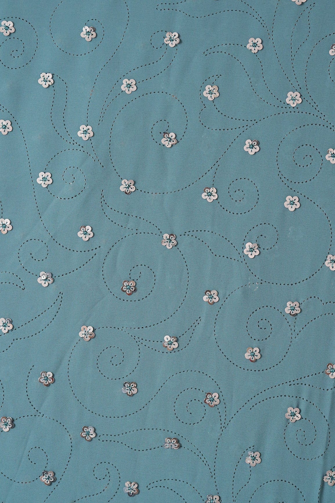 doeraa Embroidery Fabrics Silver Sequins Floral Embroidery With Laser Cut Foil Print On Powder Blue Georgette Fabric