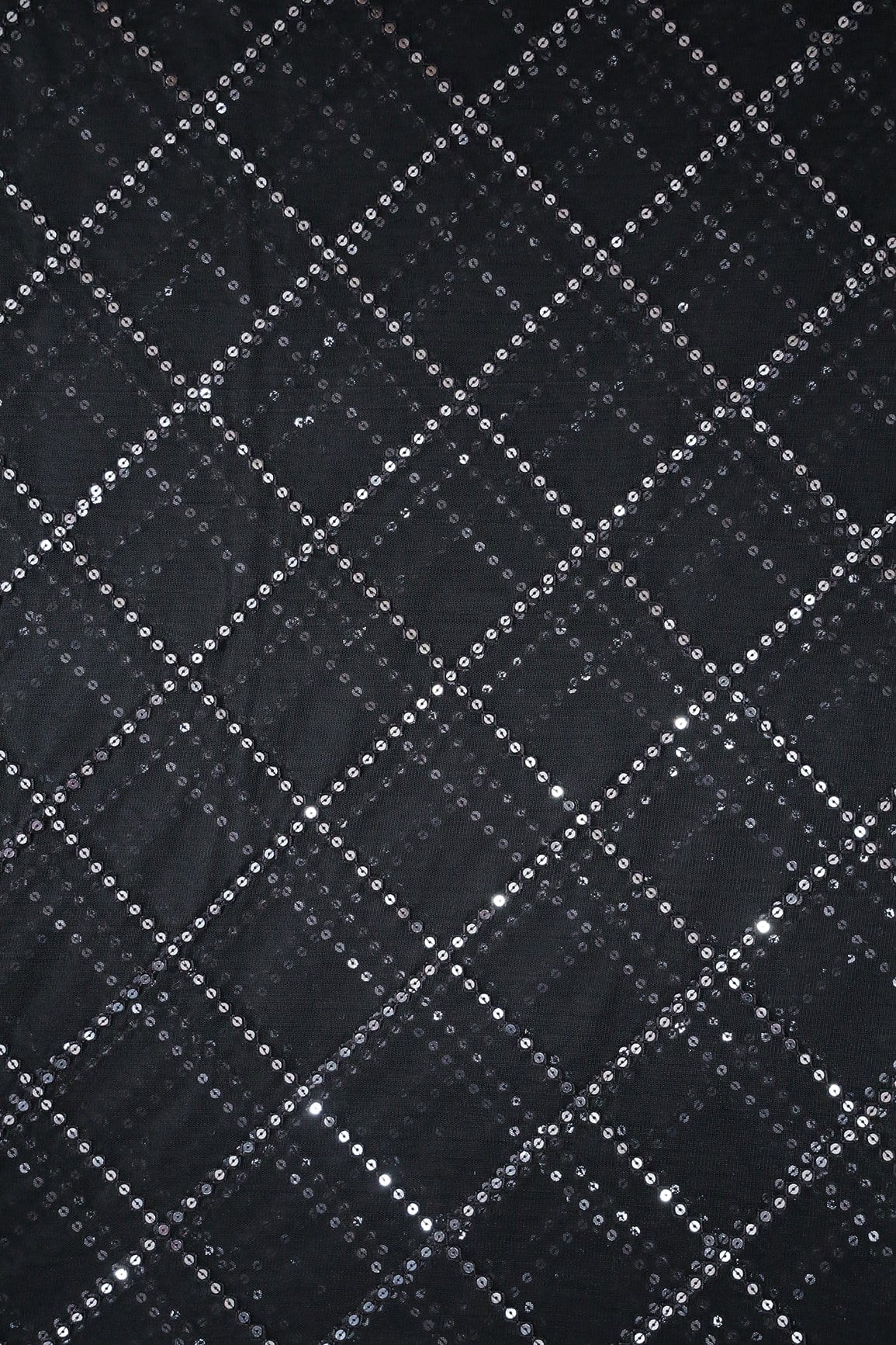 doeraa Embroidery Fabrics Silver Sequins With Thread Checks Embroidery Work On Black Soft Net Fabric