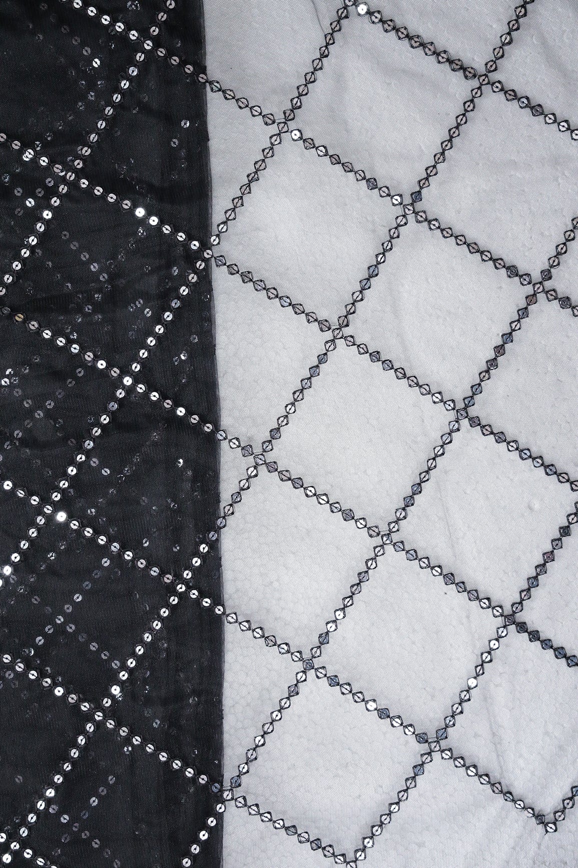 doeraa Embroidery Fabrics Silver Sequins With Thread Checks Embroidery Work On Black Soft Net Fabric