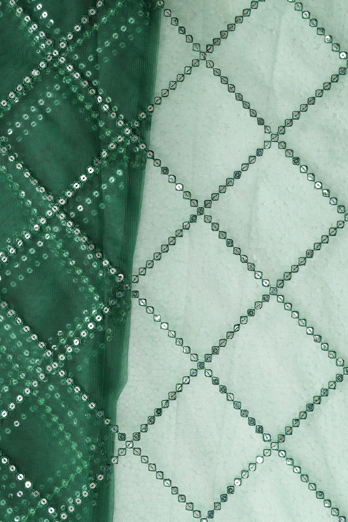 doeraa Embroidery Fabrics Silver Sequins With Thread Checks Embroidery Work On Bottle Green Soft Net Fabric