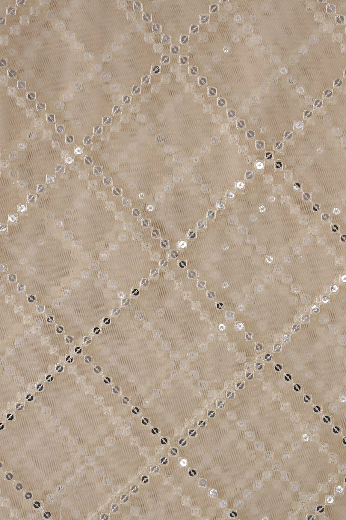 doeraa Embroidery Fabrics Silver Sequins With Thread Checks Embroidery Work On Cream Soft Net Fabric