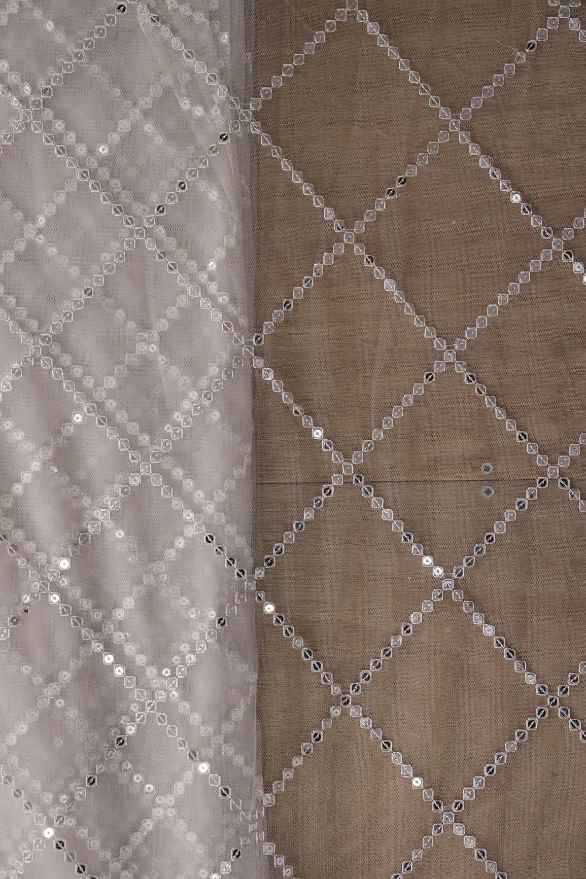 doeraa Embroidery Fabrics Silver Sequins With Thread Checks Embroidery Work On Light Grey Soft Net Fabric