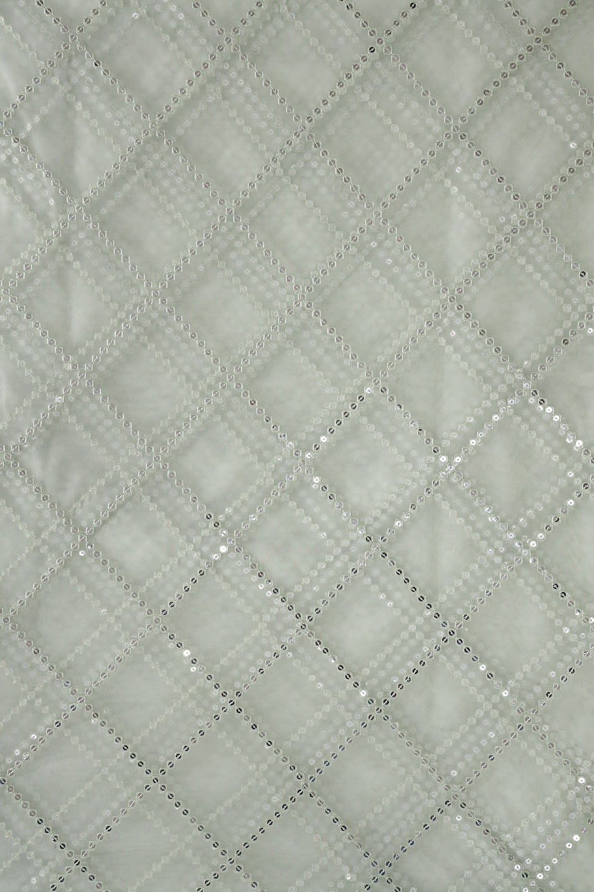 doeraa Embroidery Fabrics Silver Sequins With Thread Checks Embroidery Work On Light Sea Green Soft Net Fabric