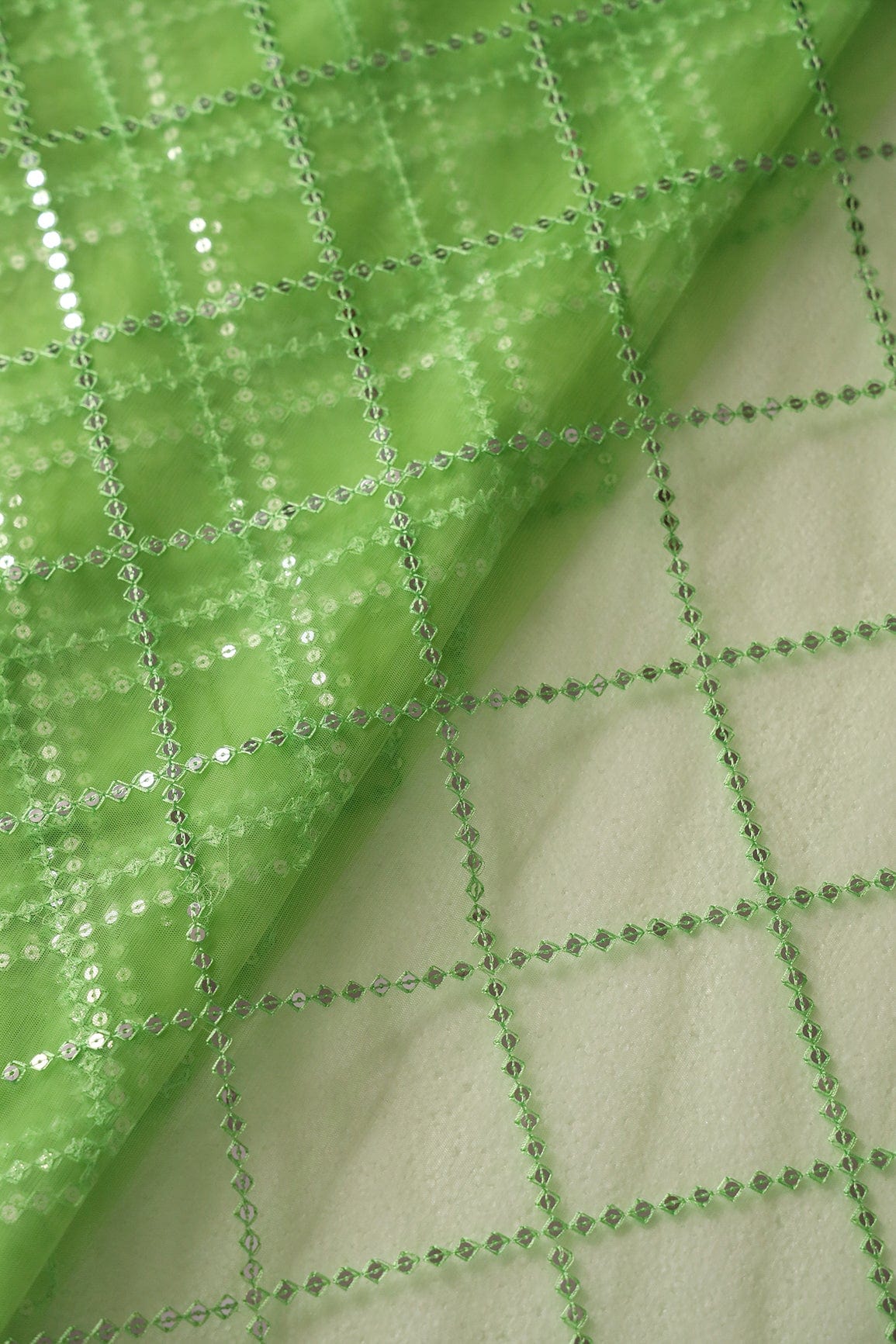 doeraa Embroidery Fabrics Silver Sequins With Thread Checks Embroidery Work On Parrot Green Soft Net Fabric