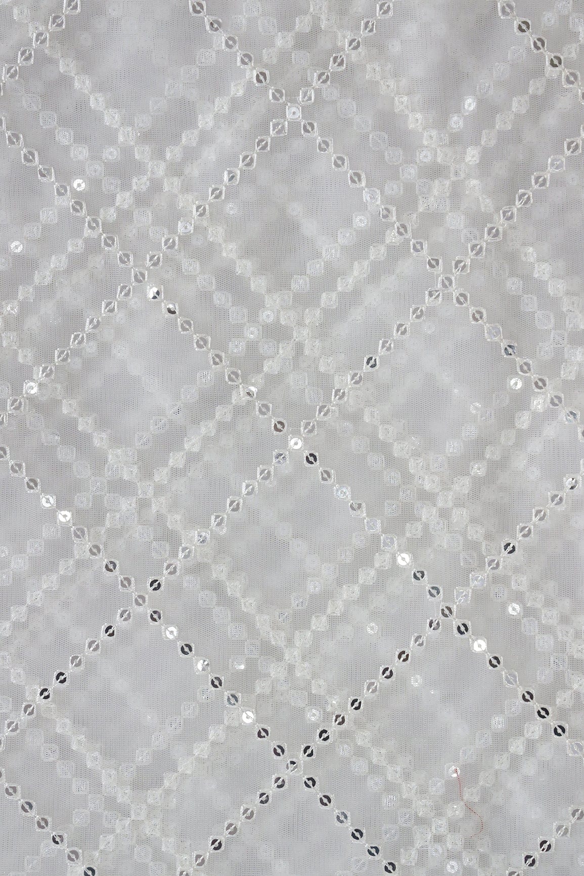 doeraa Embroidery Fabrics Silver Sequins With Thread Checks Embroidery Work On White Soft Net Fabric
