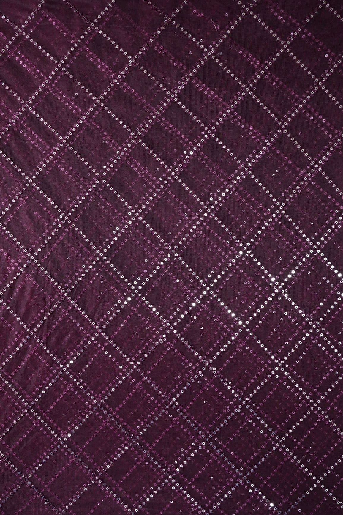 doeraa Embroidery Fabrics Silver Sequins With Thread Checks Embroidery Work On Wine Soft Net Fabric