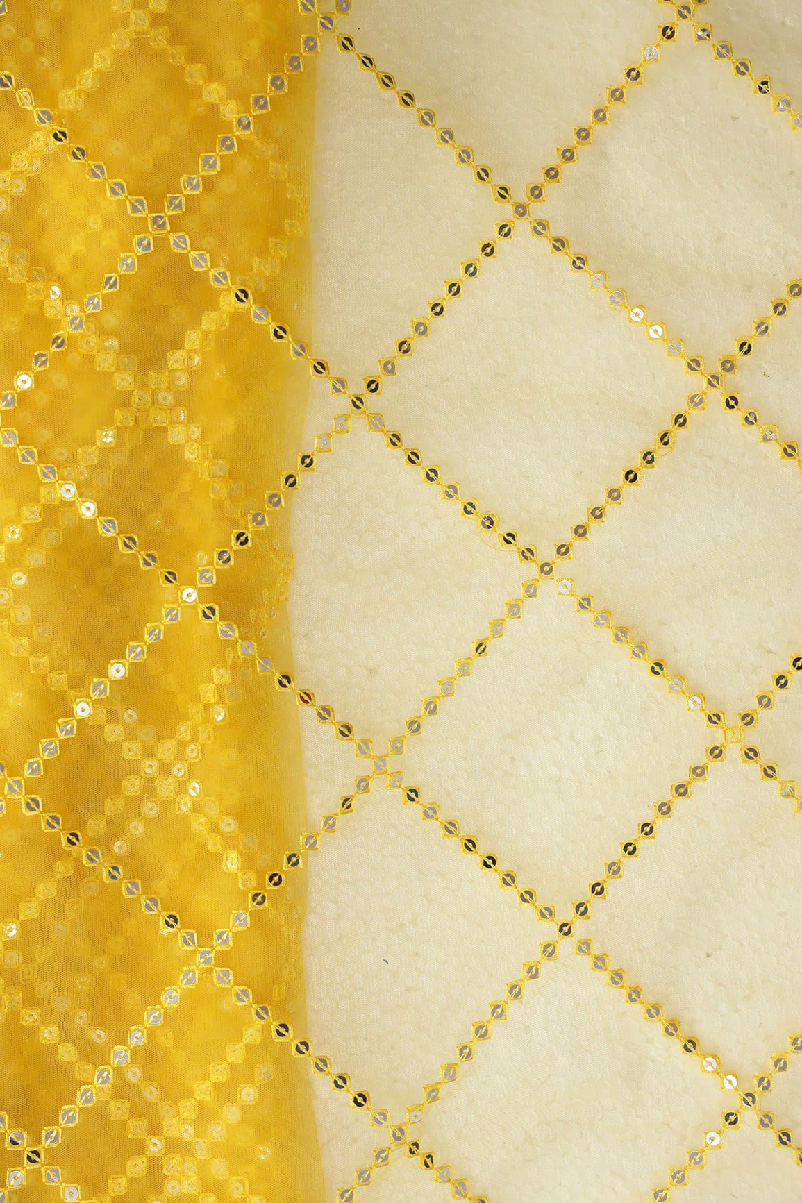 doeraa Embroidery Fabrics Silver Sequins With Thread Checks Embroidery Work On Yellow Soft Net Fabric