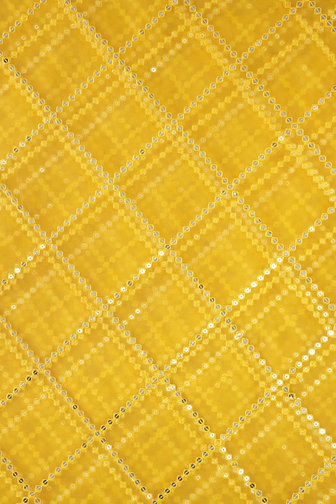 doeraa Embroidery Fabrics Silver Sequins With Thread Checks Embroidery Work On Yellow Soft Net Fabric