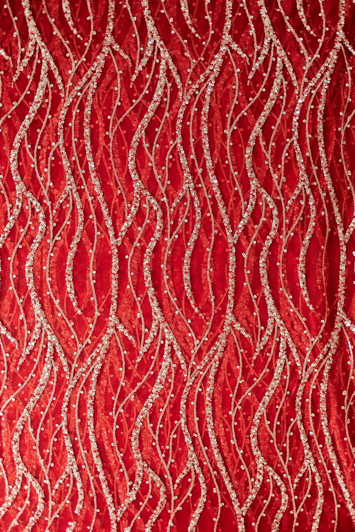 doeraa Embroidery Fabrics Wavey Red and Gold Sequins Embroidery on Red Net