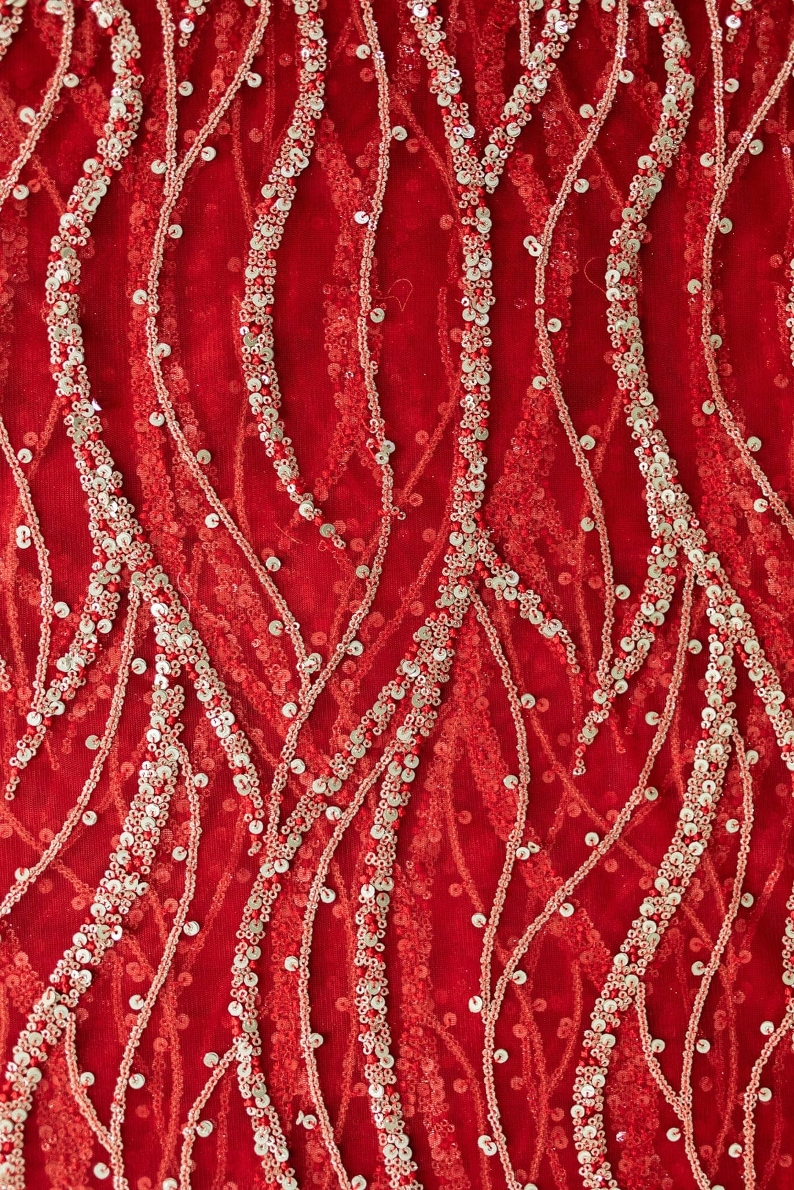 doeraa Embroidery Fabrics Wavey Red and Gold Sequins Embroidery on Red Net