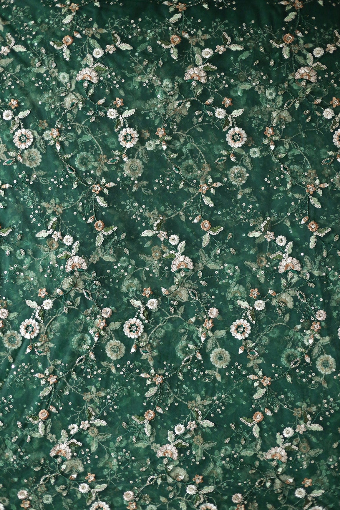 doeraa Embroidery Fabrics White And Green Thread With Gold Sequins Floral Embroidery Work On Bottle Green Soft Net Fabric