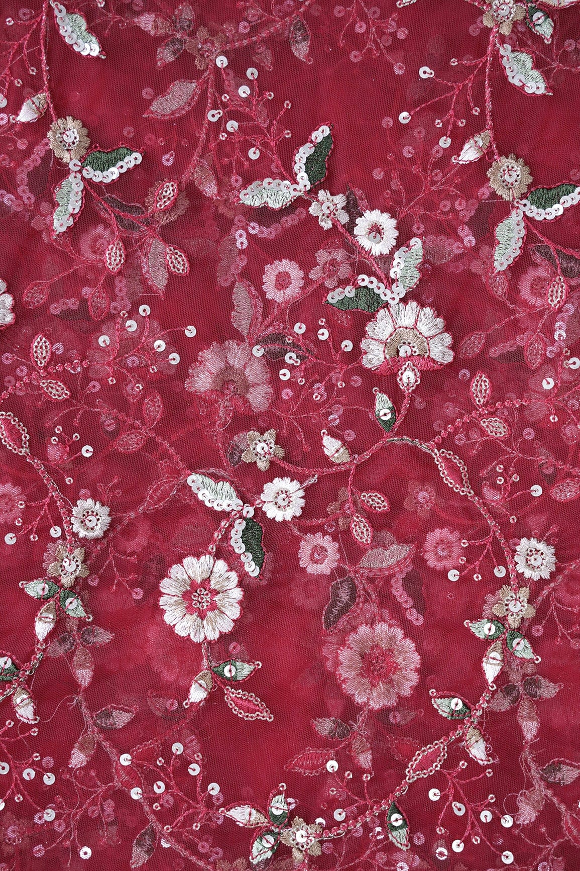 doeraa Embroidery Fabrics White And Red Thread With Gold Sequins Floral Embroidery Work On Red Soft Net Fabric