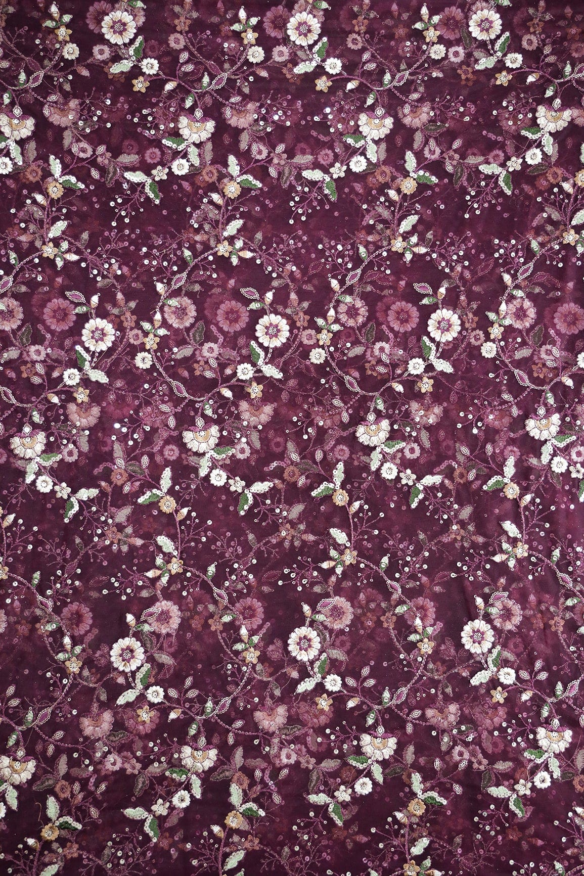 doeraa Embroidery Fabrics White And Wine Thread With Gold Sequins Floral Embroidery Work On Wine Soft Net Fabric