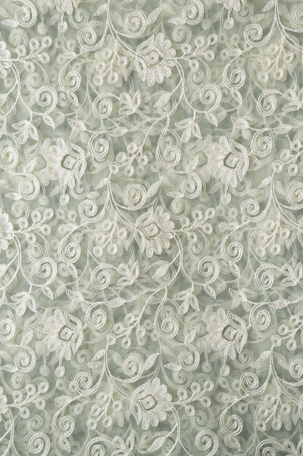 doeraa Embroidery Fabrics White Thread Beautiful Heavy Floral Embroidery On Dusty Olive Soft Net Fabric