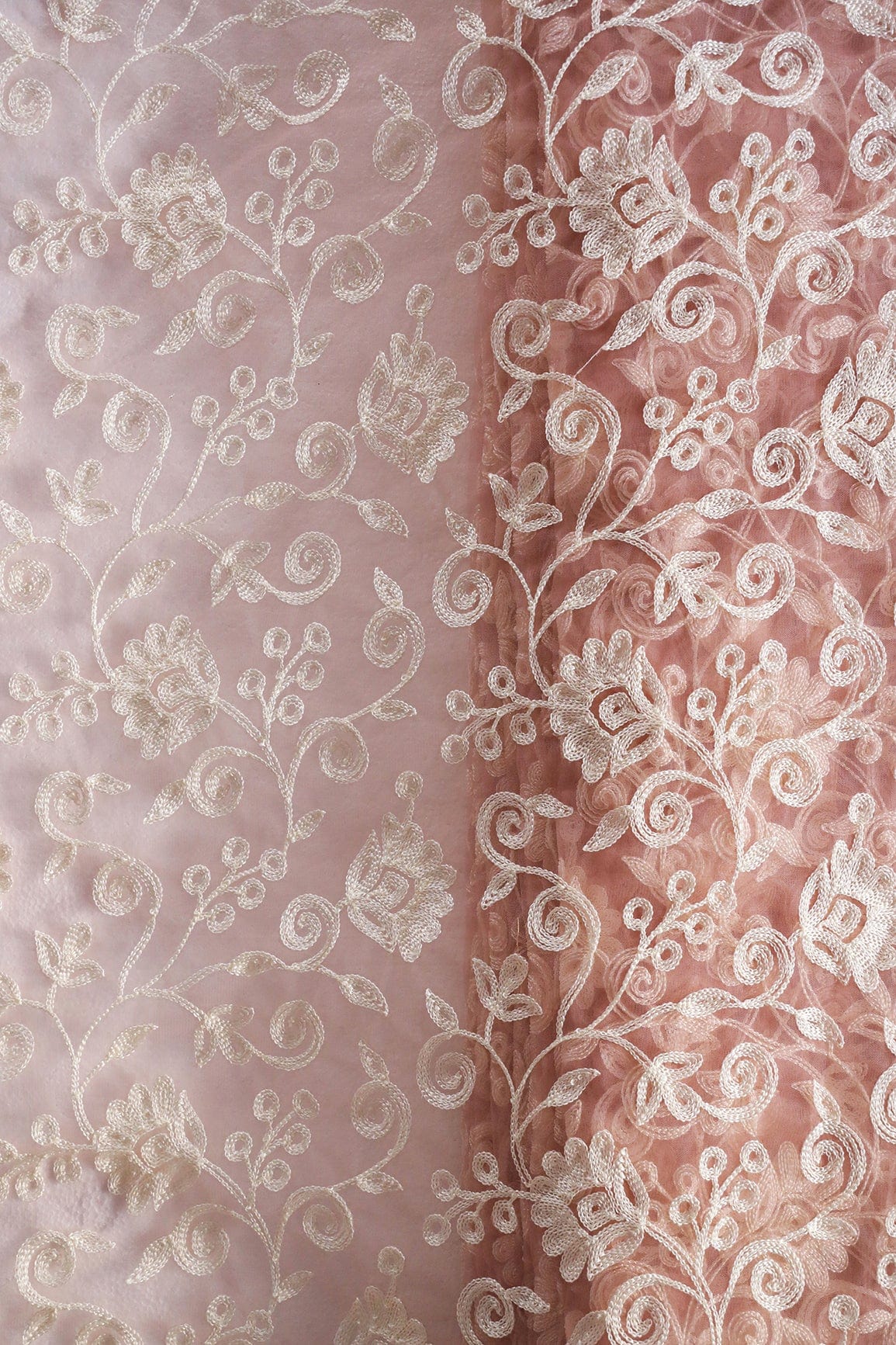 doeraa Embroidery Fabrics White Thread Beautiful Heavy Floral Embroidery On Dusty Pink Soft Net Fabric