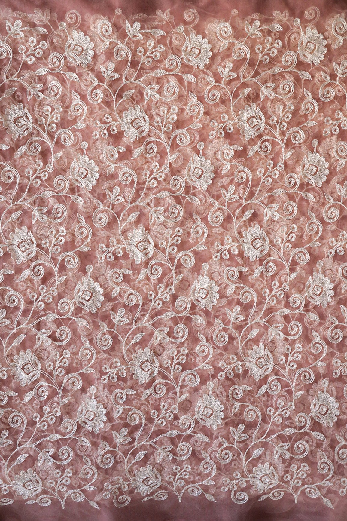 doeraa Embroidery Fabrics White Thread Beautiful Heavy Floral Embroidery On Dusty Pink Soft Net Fabric