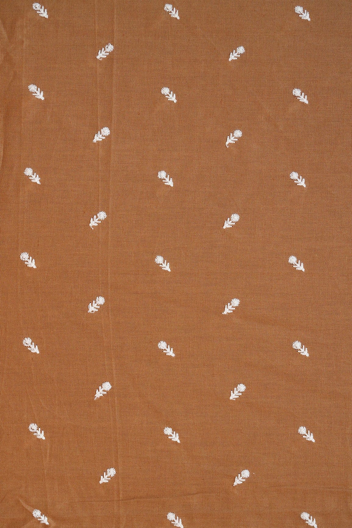 doeraa Embroidery Fabrics White Thread Small Floral Motif Embroidery Work On Copper Brown Cotton Linen Fabric