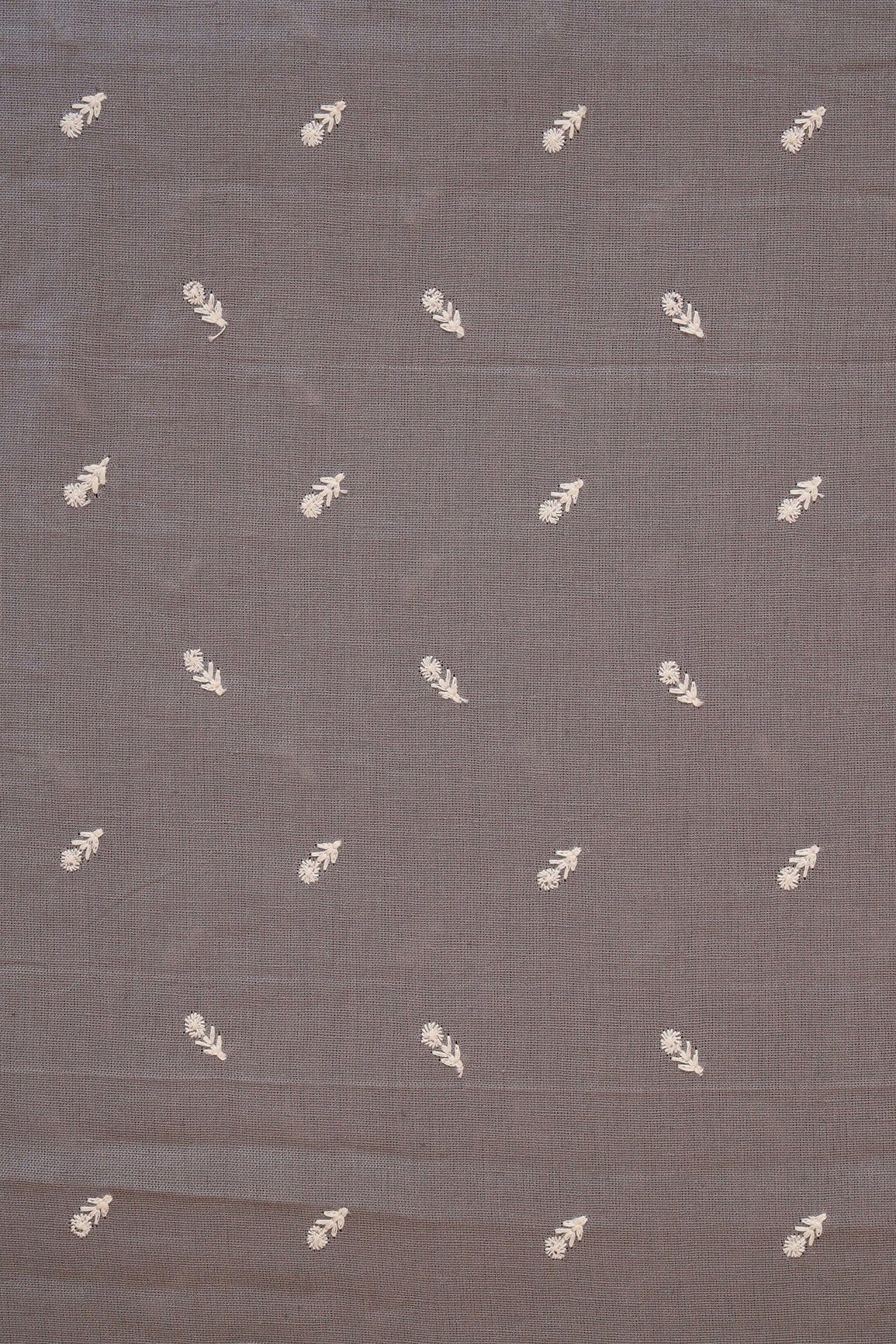 doeraa Embroidery Fabrics White Thread Small Floral Motif Embroidery Work On Grey Cotton Linen Fabric