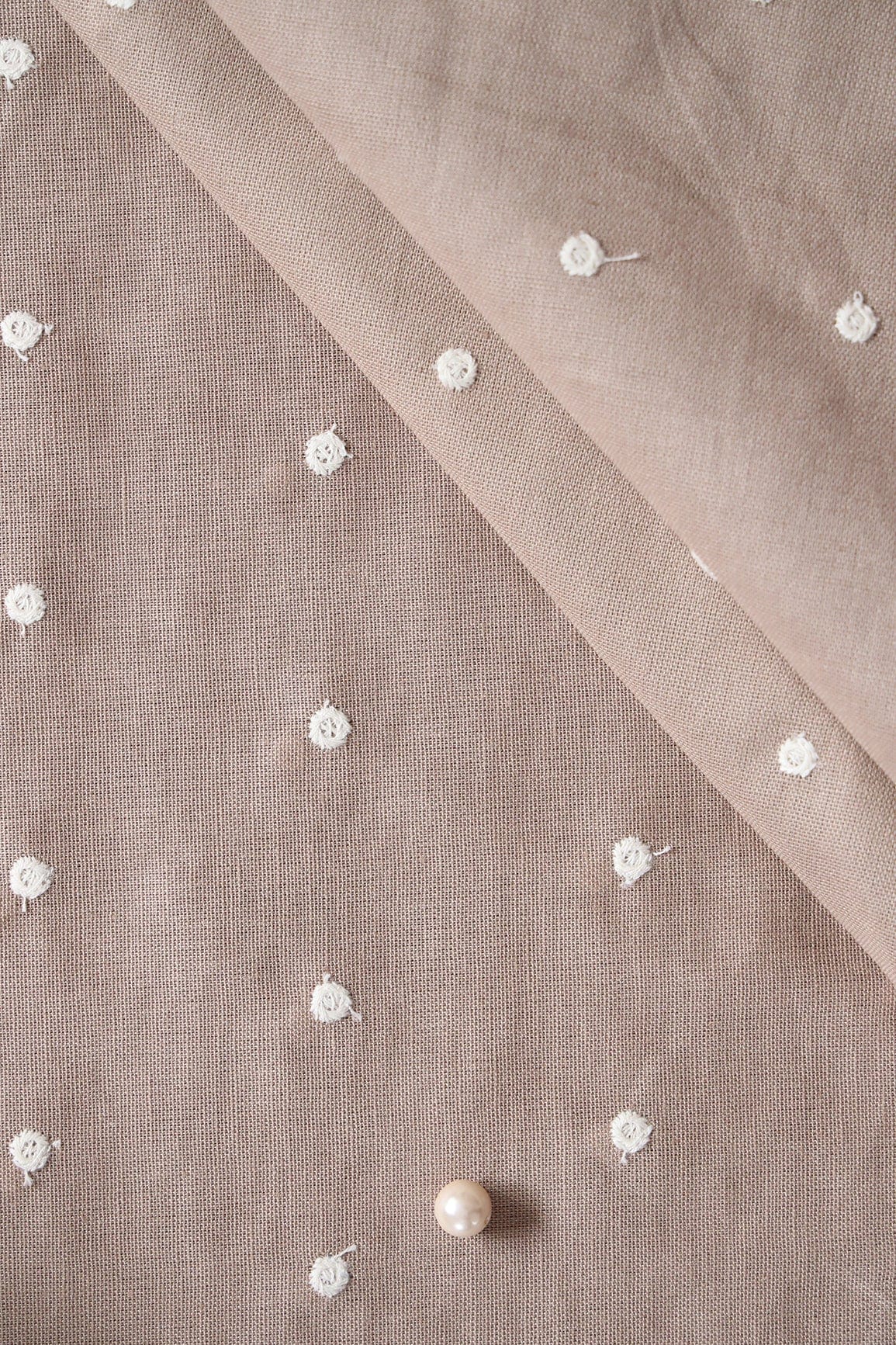 doeraa Embroidery Fabrics White Thread Small Polka Embroidery Work On Beige Cotton Linen Fabric