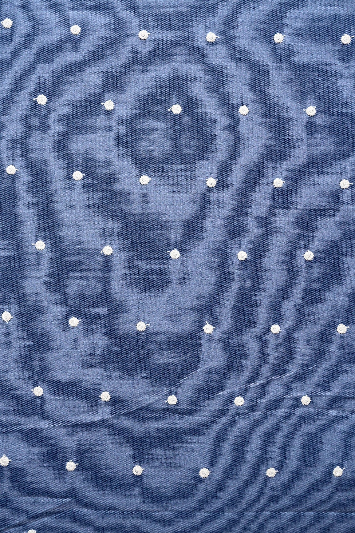 doeraa Embroidery Fabrics White Thread Small Polka Embroidery Work On Blue Cotton Linen Fabric