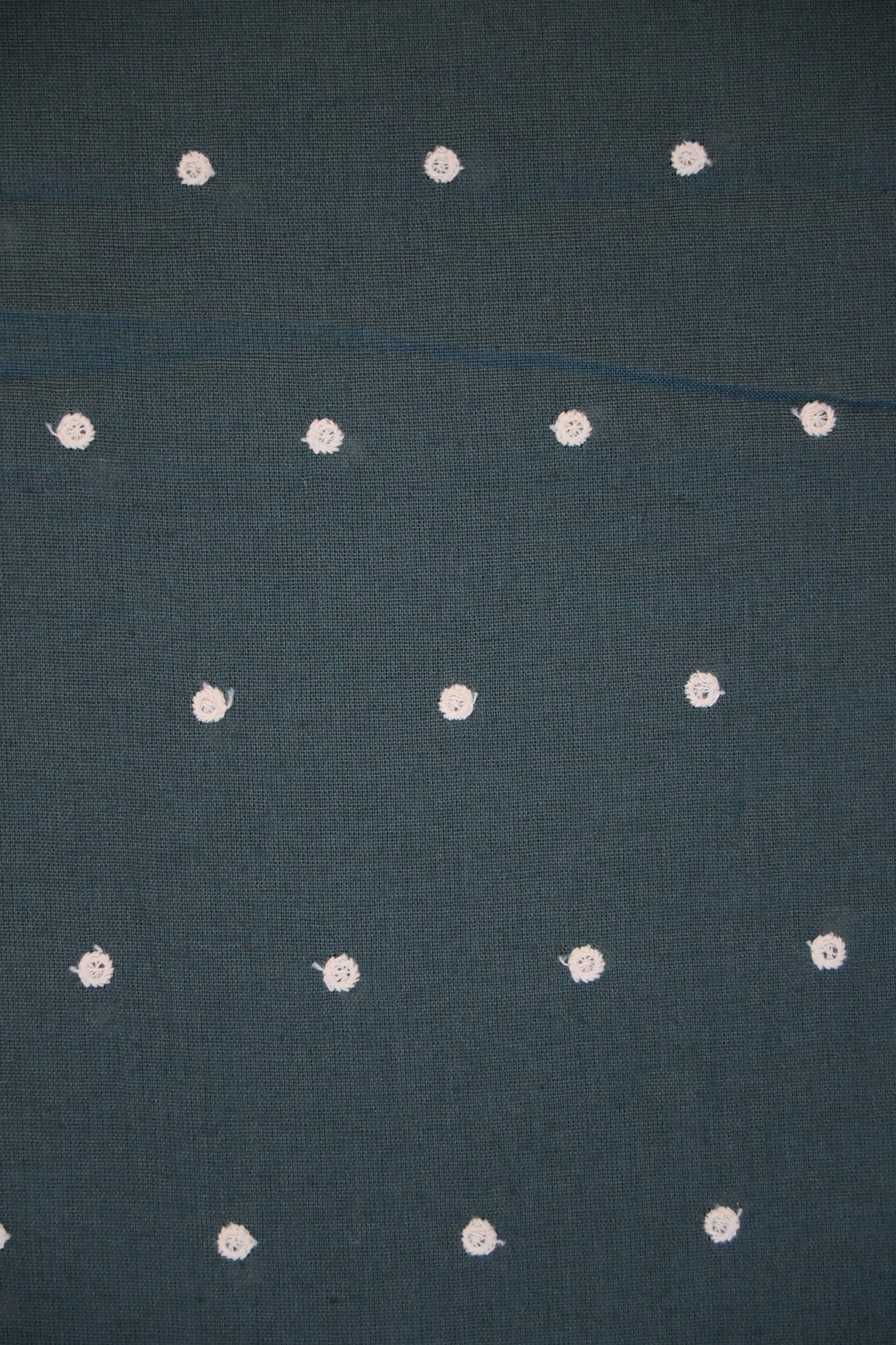 doeraa Embroidery Fabrics White Thread Small Polka Embroidery Work On Dark Peacock Green Cotton Linen Fabric