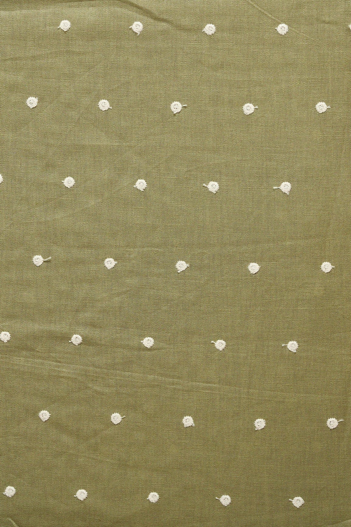 doeraa Embroidery Fabrics White Thread Small Polka Embroidery Work On Olive Cotton Linen Fabric